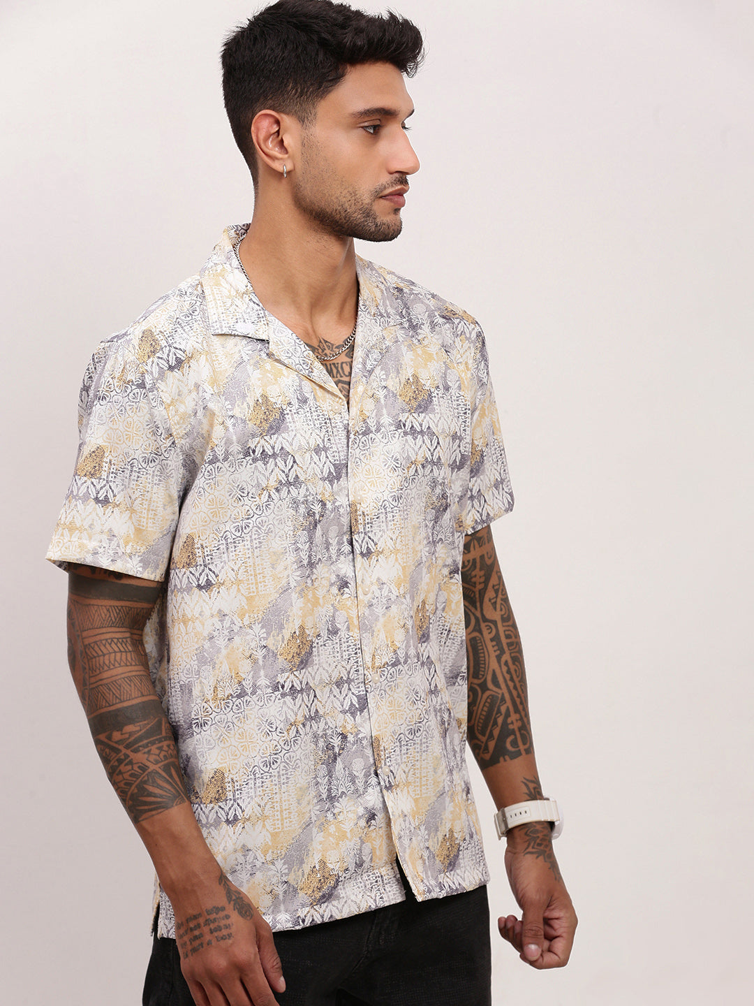 Men Yellow Graphic Cuban Collar Shirt