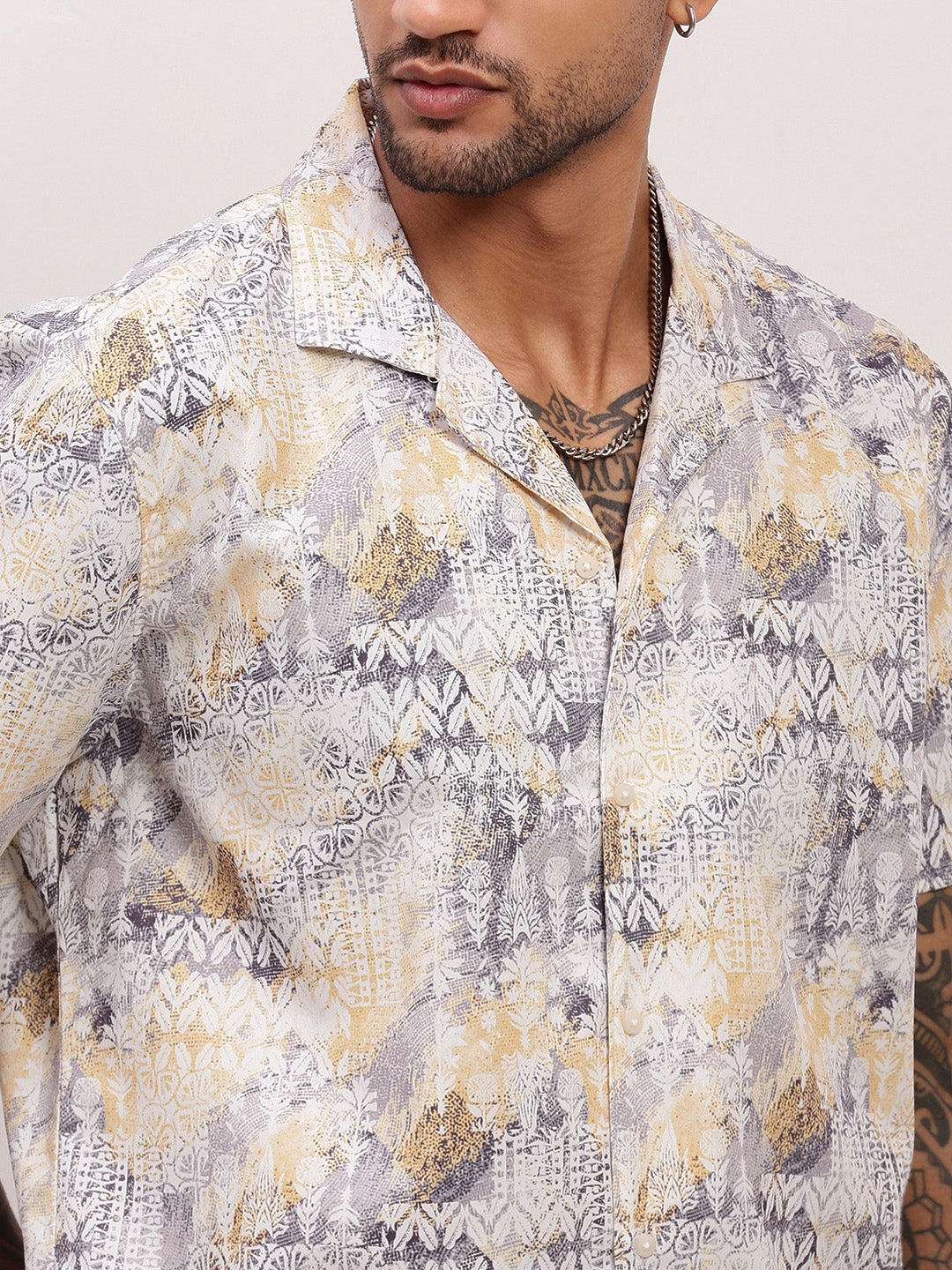 Men Yellow Graphic Cuban Collar Shirt