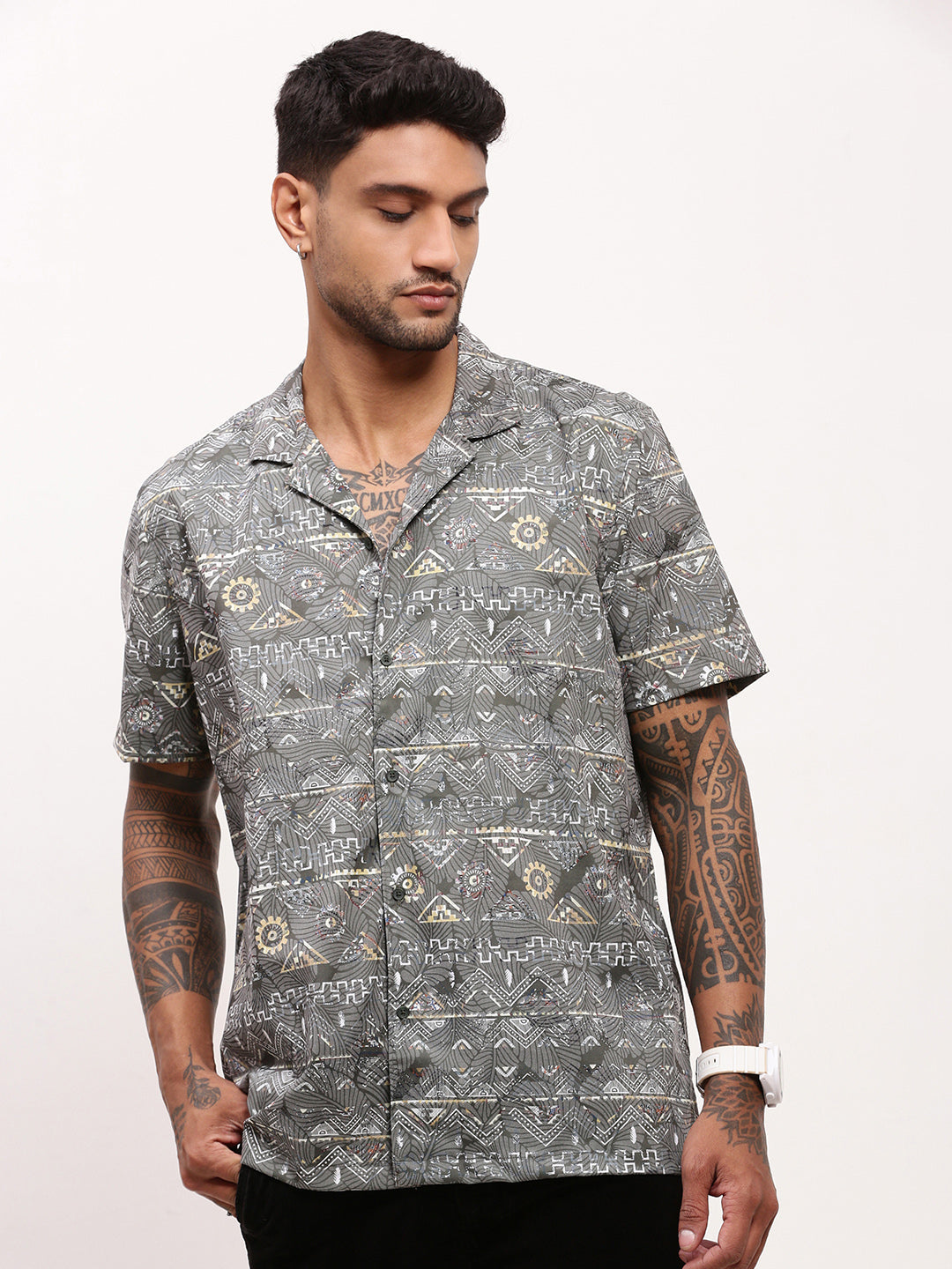 Men Green Geometric Cuban Collar Shirt