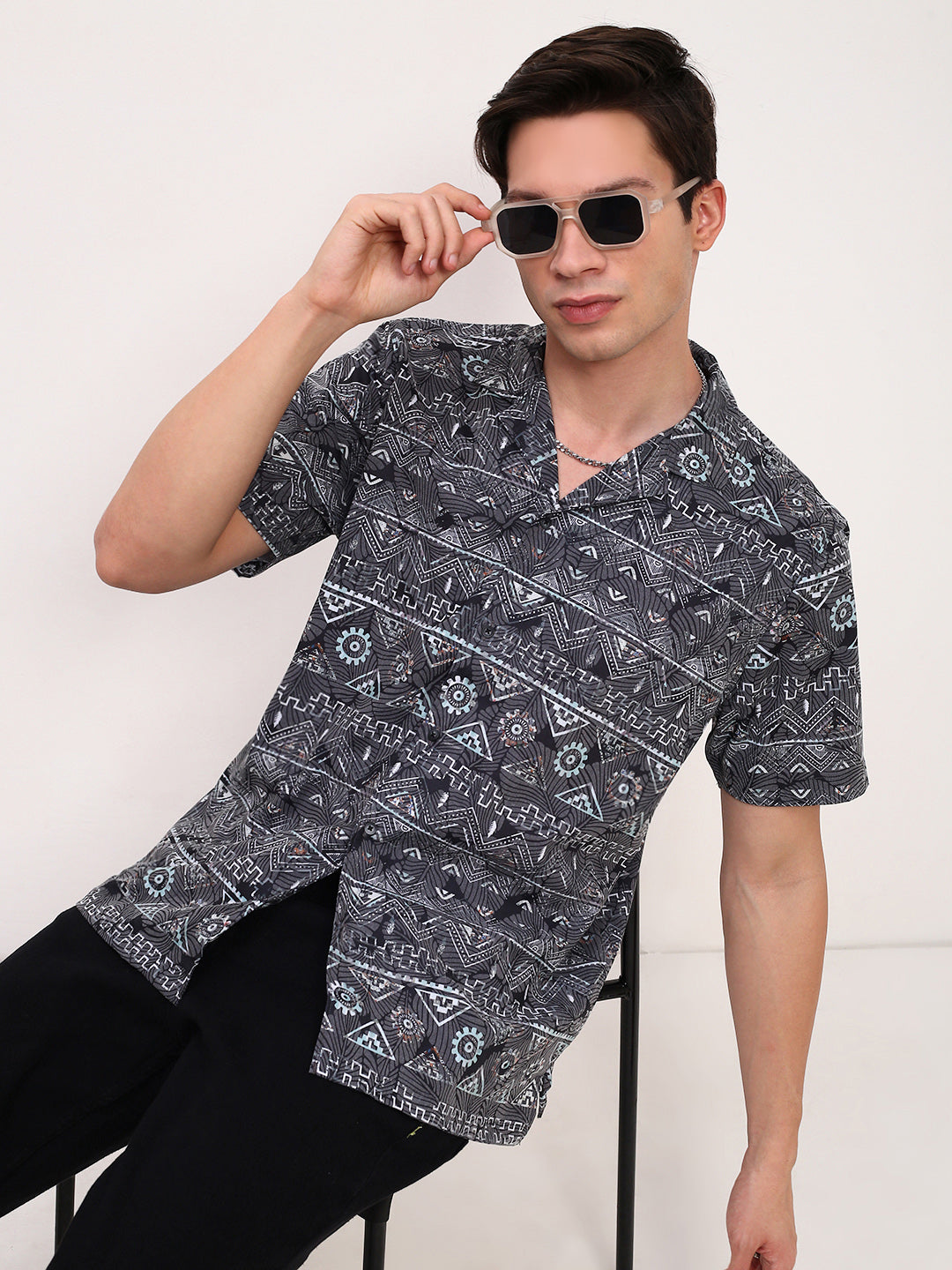 Men Grey Geometric Cuban Collar Shirt