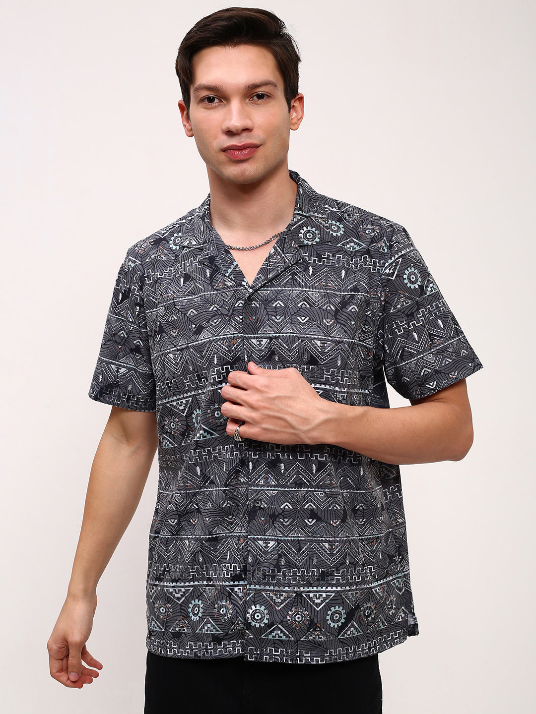 Men Grey Geometric Cuban Collar Shirt