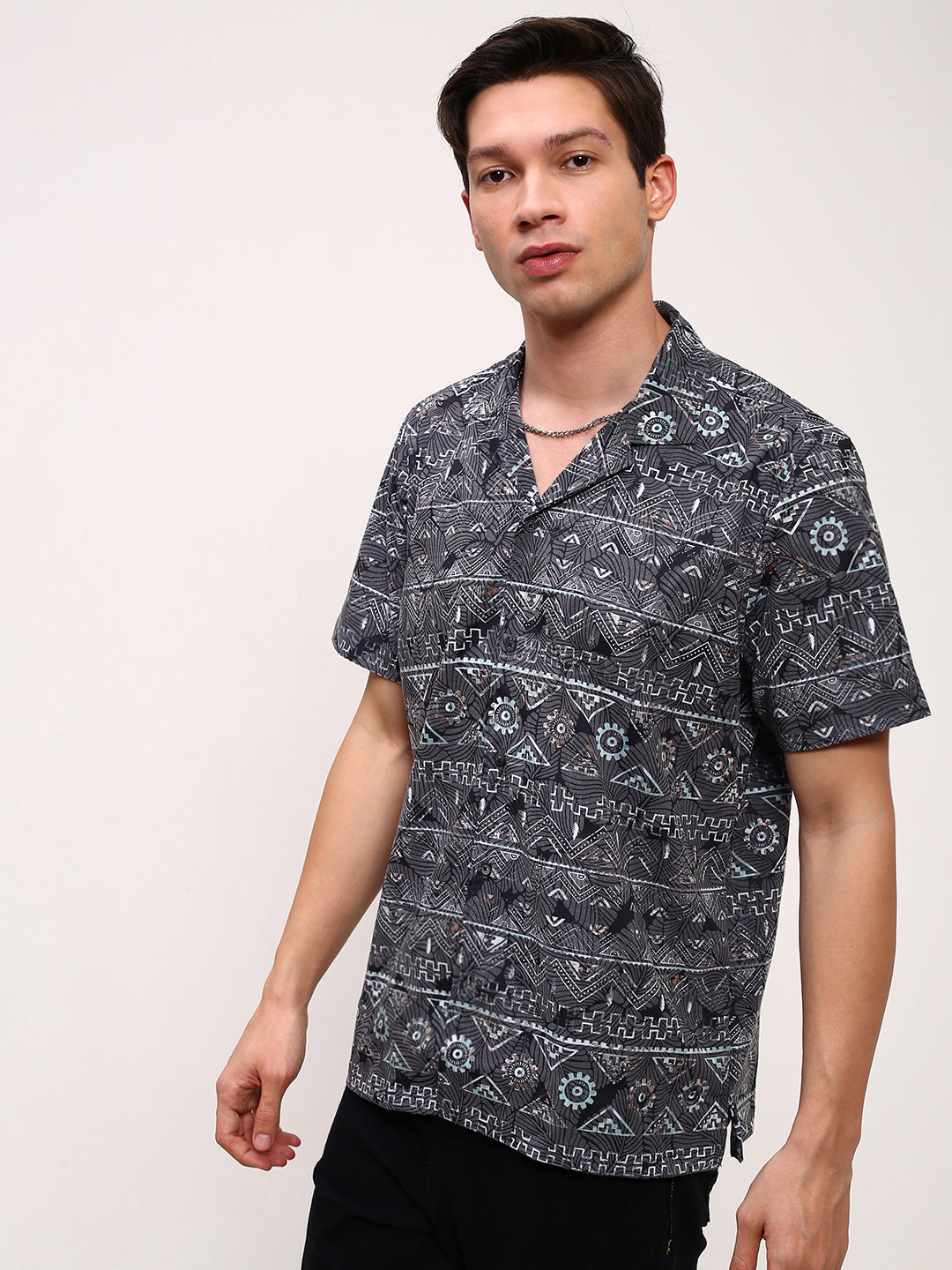 Men Grey Geometric Cuban Collar Shirt