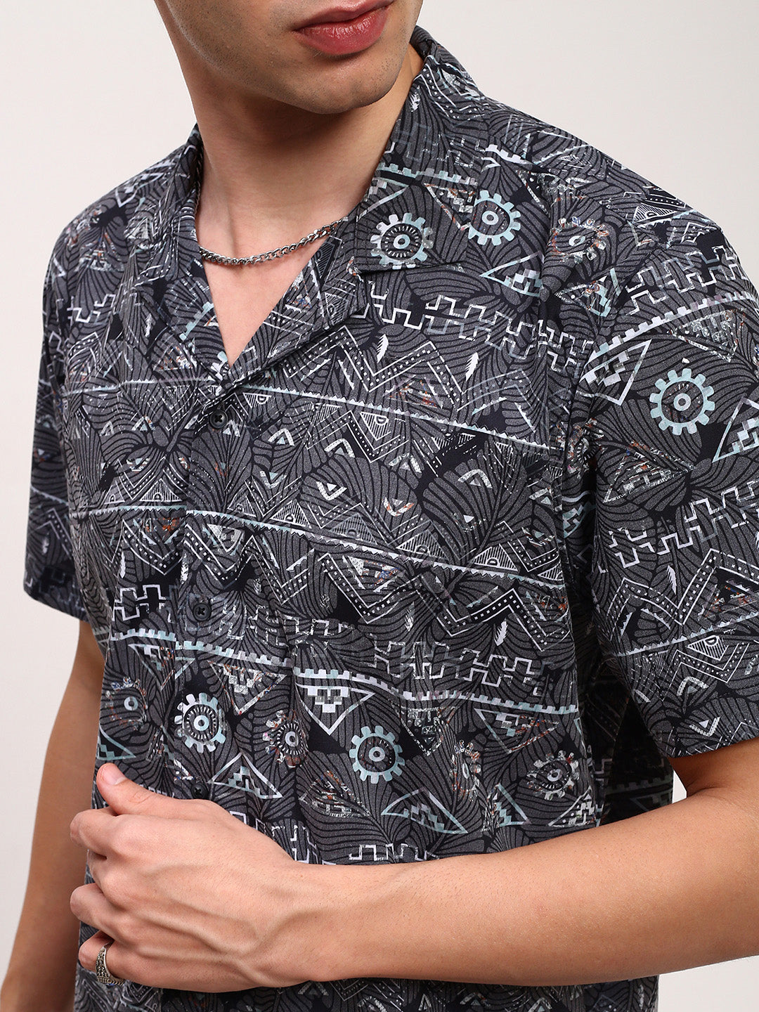 Men Grey Geometric Cuban Collar Shirt