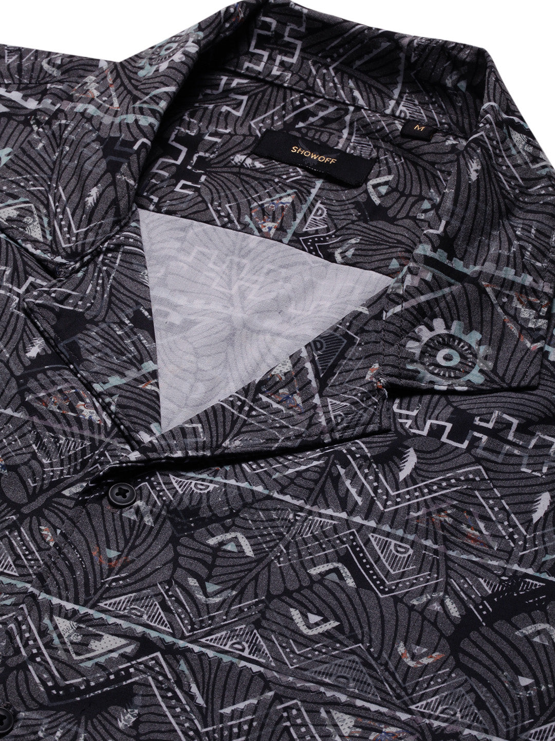 Men Grey Geometric Cuban Collar Shirt