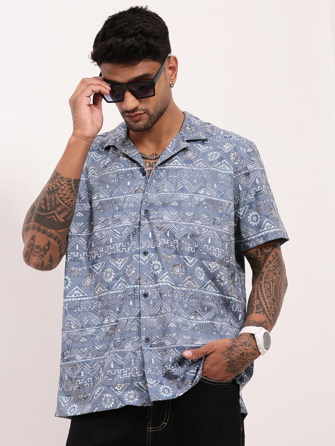 Men Blue Geometric Cuban Collar Shirt