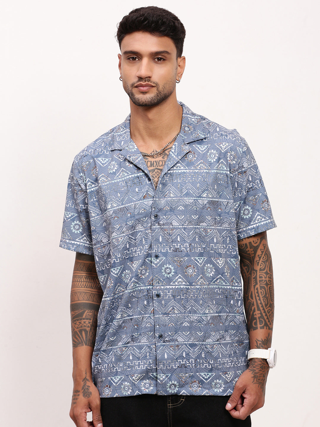 Men Blue Geometric Cuban Collar Shirt