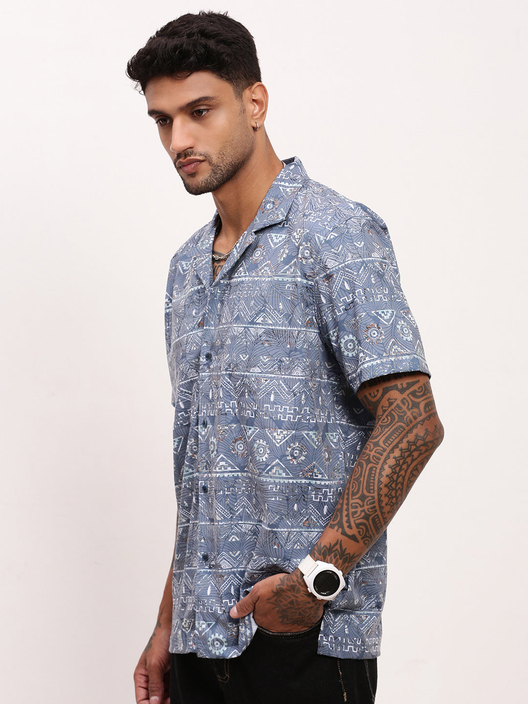 Men Blue Geometric Cuban Collar Shirt