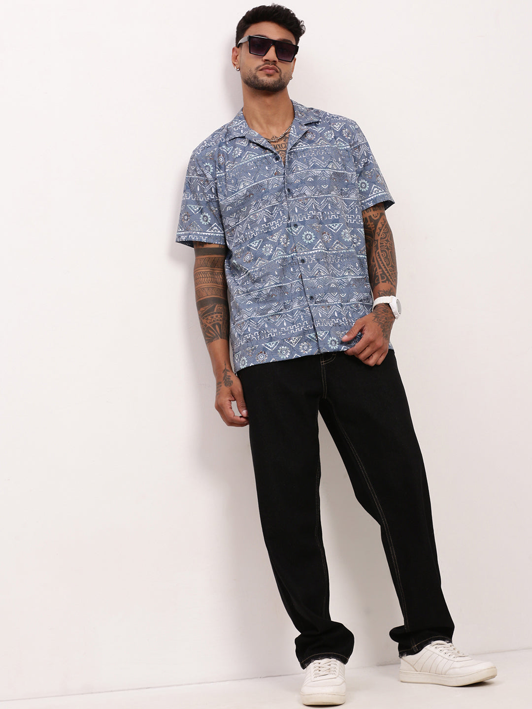 Men Blue Geometric Cuban Collar Shirt