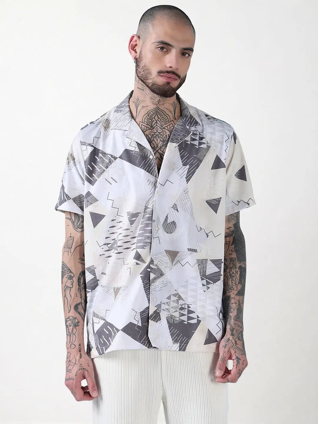 Men's Off White Abstract Cuban Collar Relaxed Fit Shirt - Uncategorized from SHOWOFFFF
