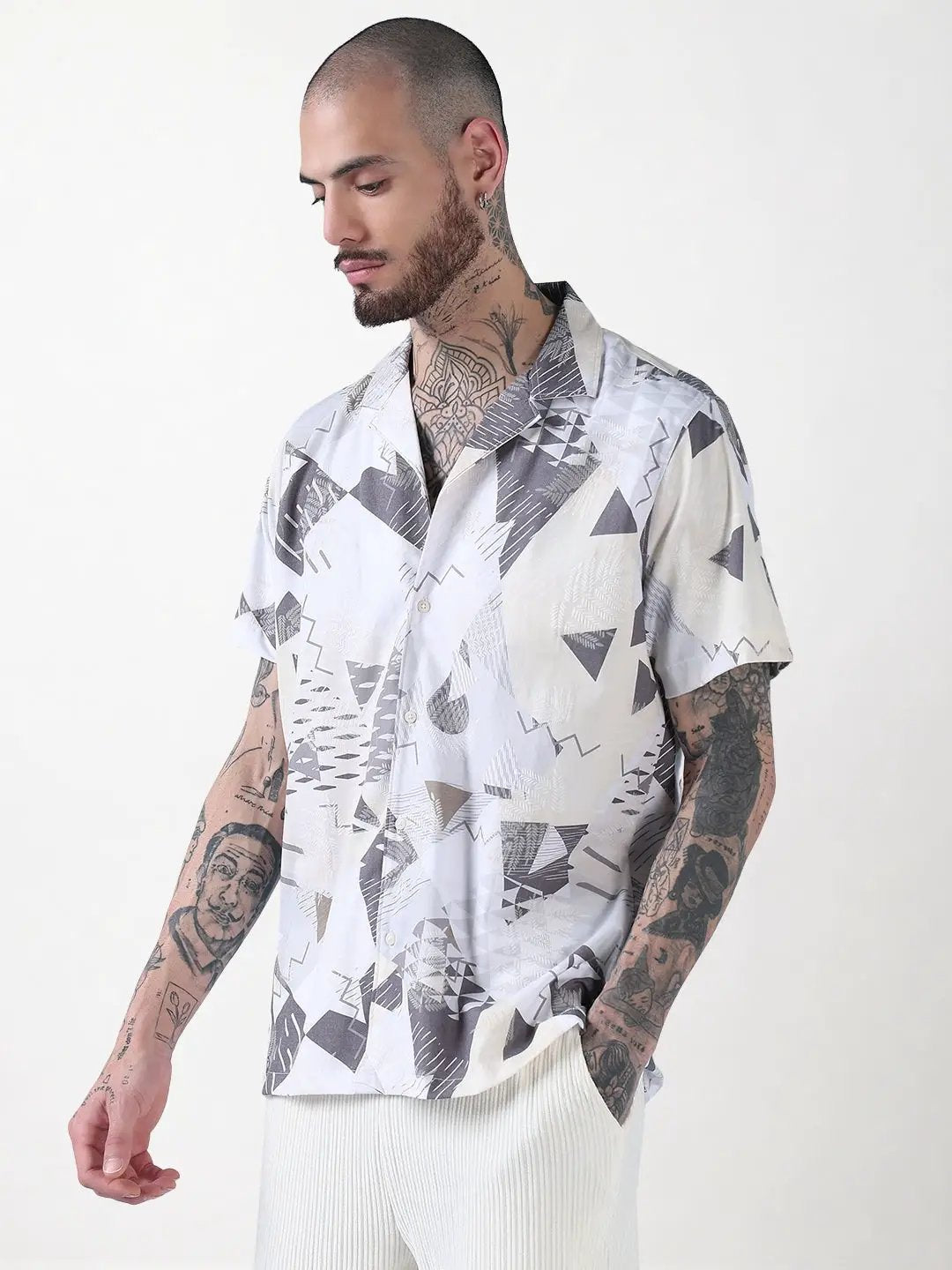 Men's Off White Abstract Cuban Collar Relaxed Fit Shirt - Uncategorized from SHOWOFFFF