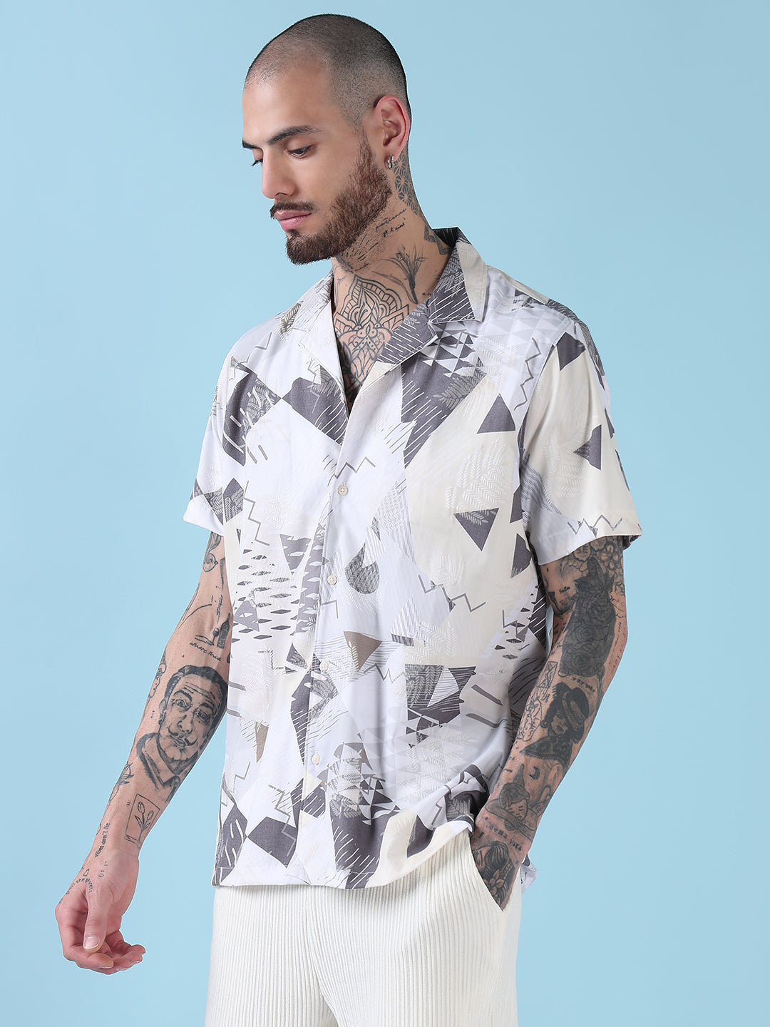 Men's Off White Abstract Cuban Collar Relaxed Fit Shirt