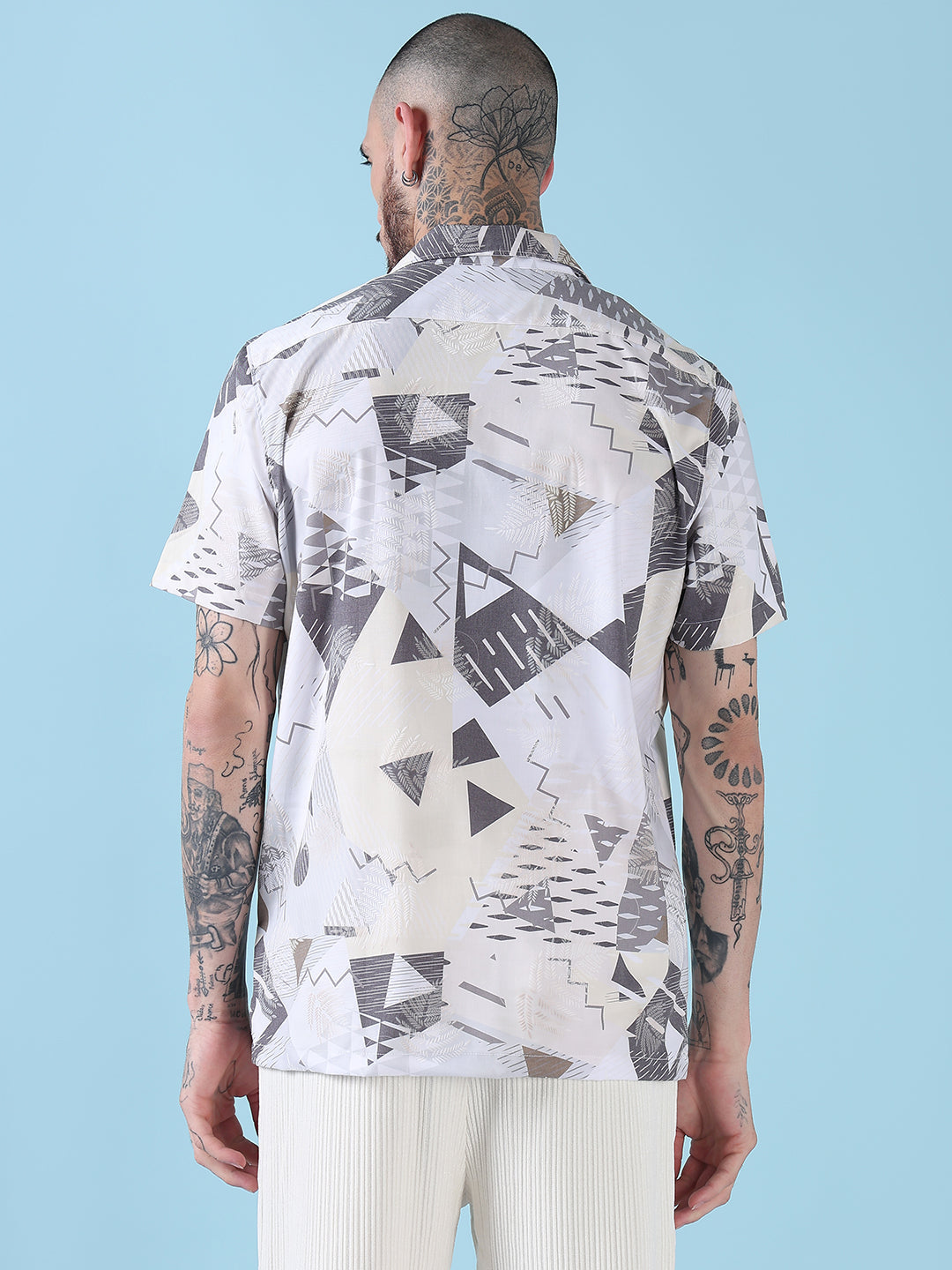 Men's Off White Abstract Cuban Collar Relaxed Fit Shirt