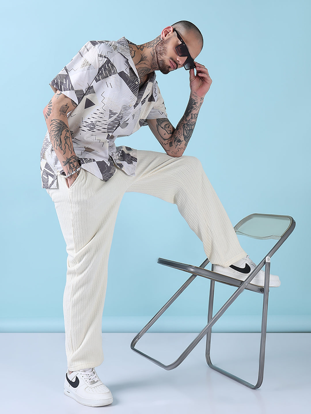 Men's Off White Abstract Cuban Collar Relaxed Fit Shirt