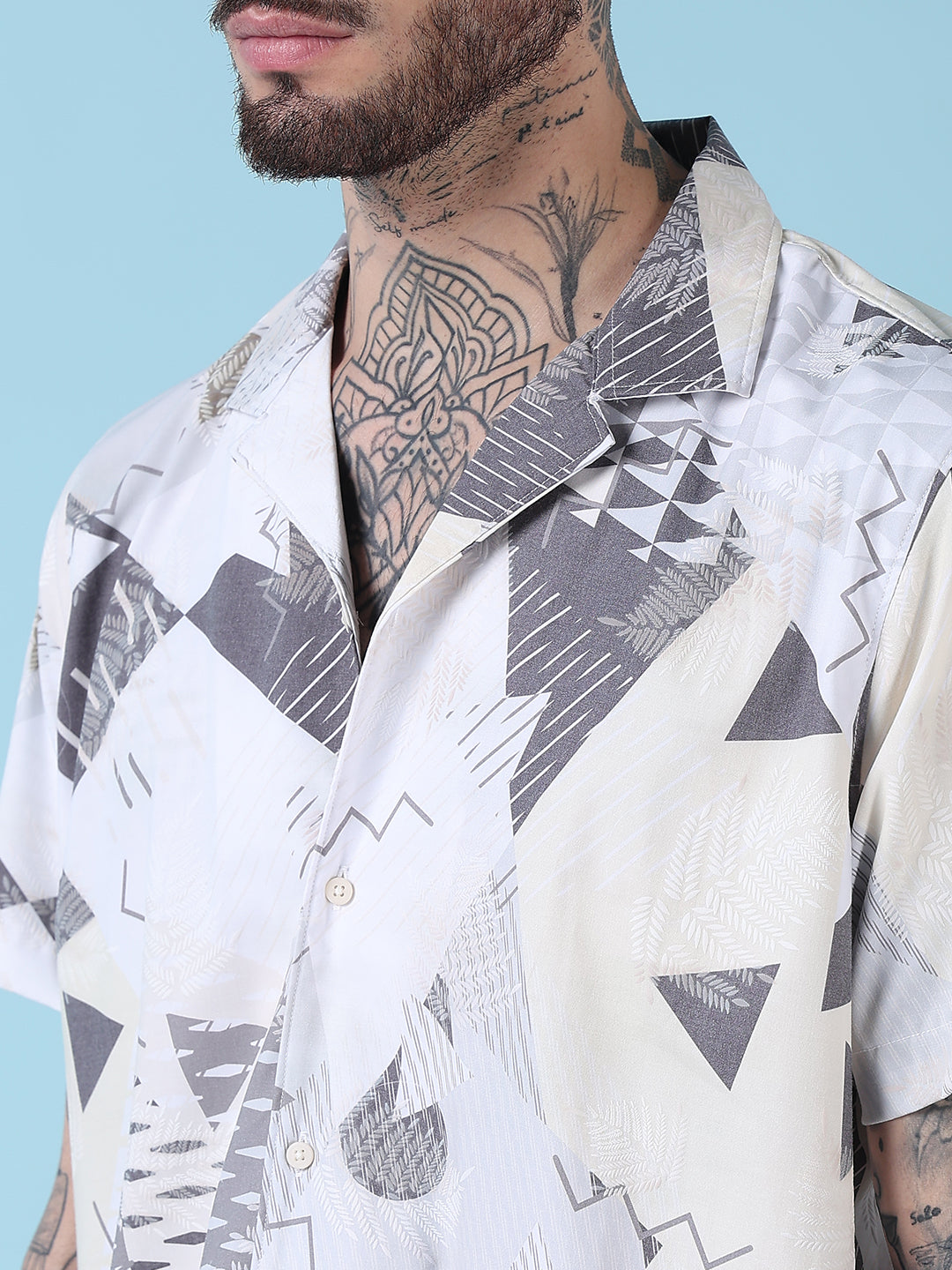 Men's Off White Abstract Cuban Collar Relaxed Fit Shirt