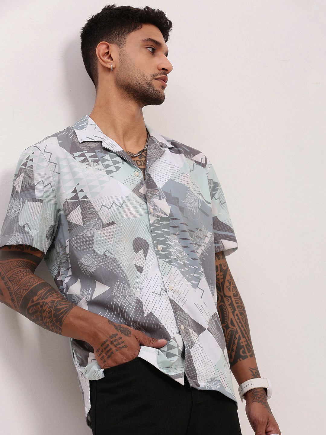 Men Grey Abstract Cuban Collar Shirt