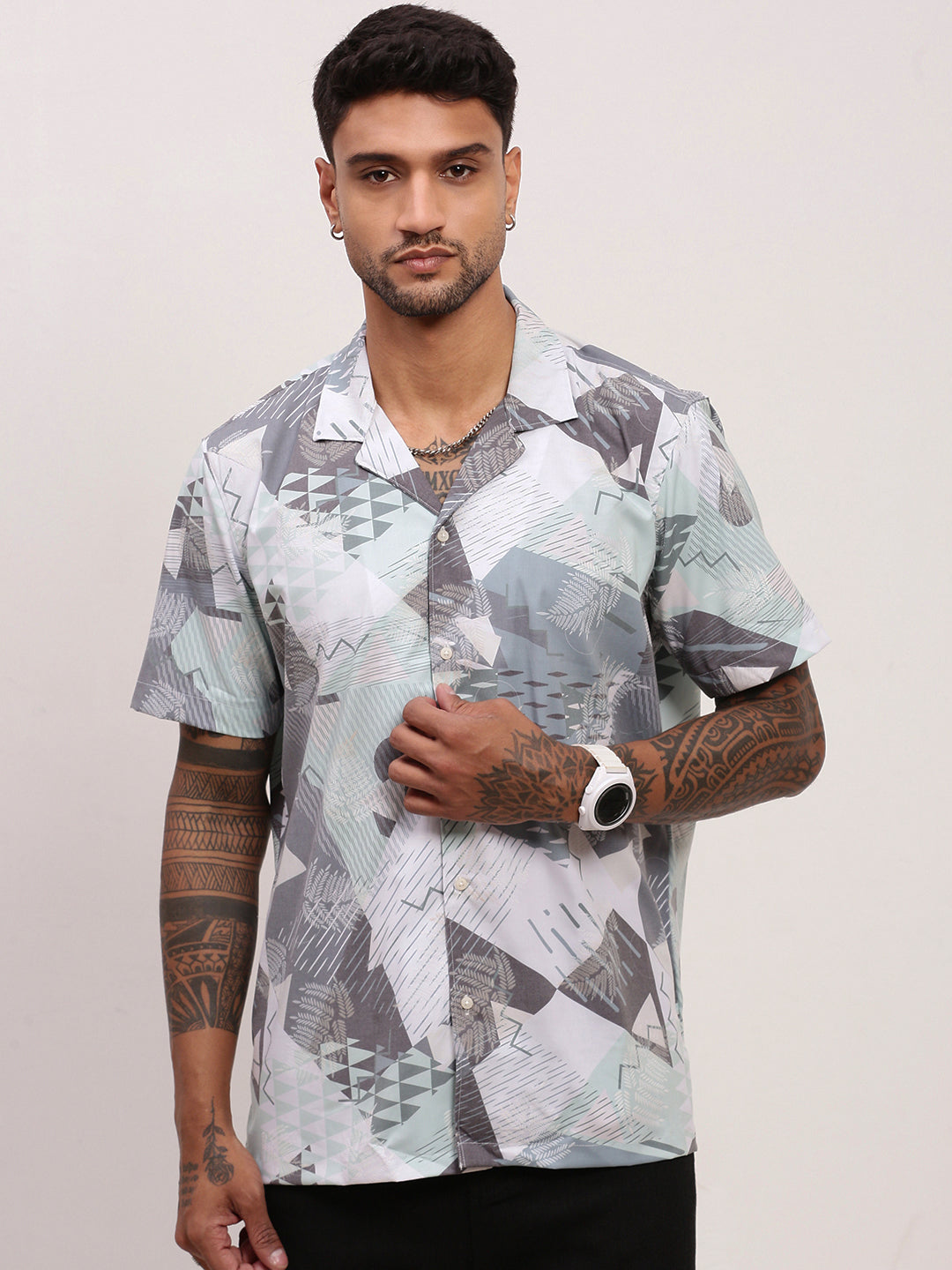 Men Grey Abstract Cuban Collar Shirt