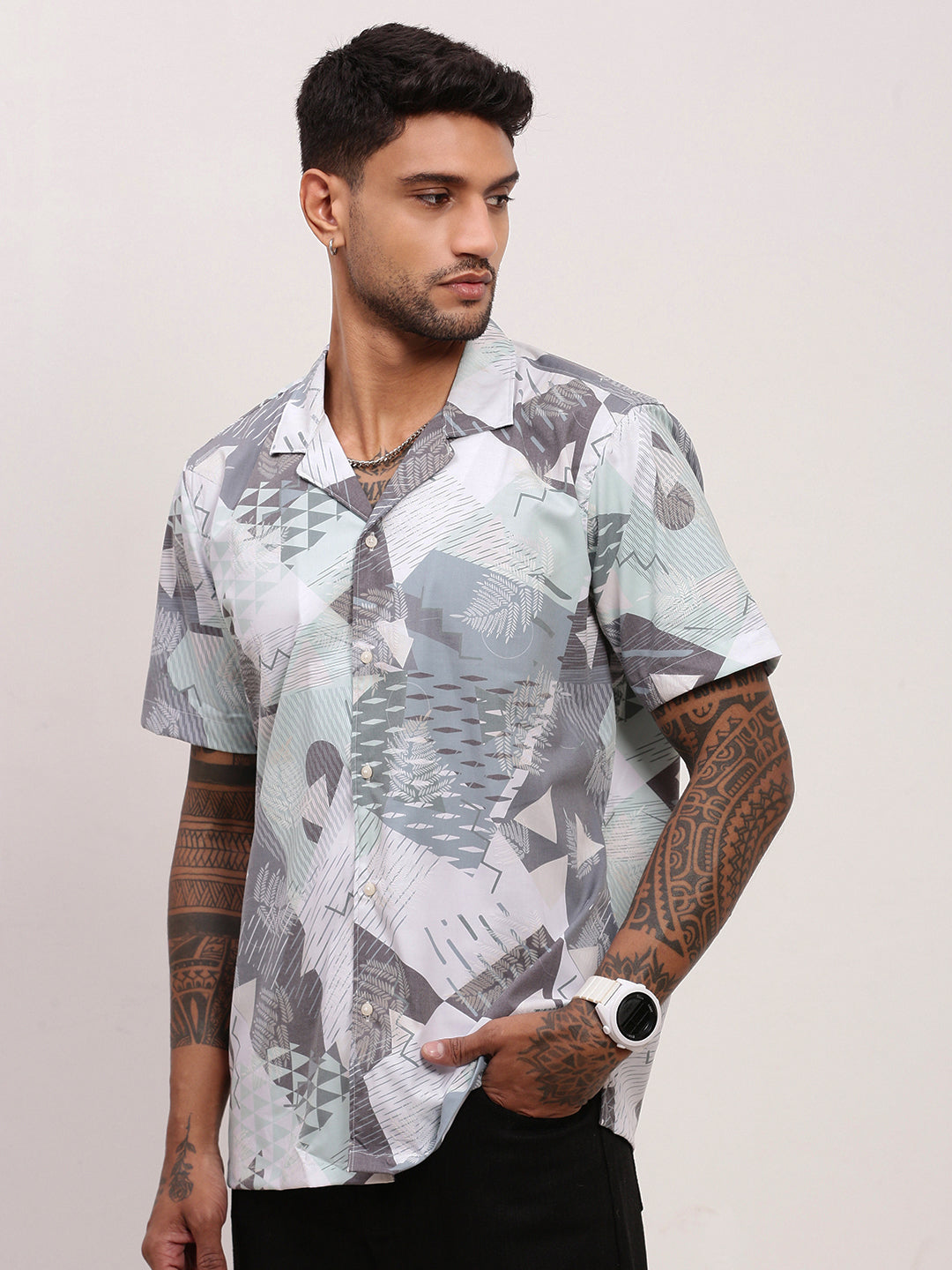 Men Grey Abstract Cuban Collar Shirt