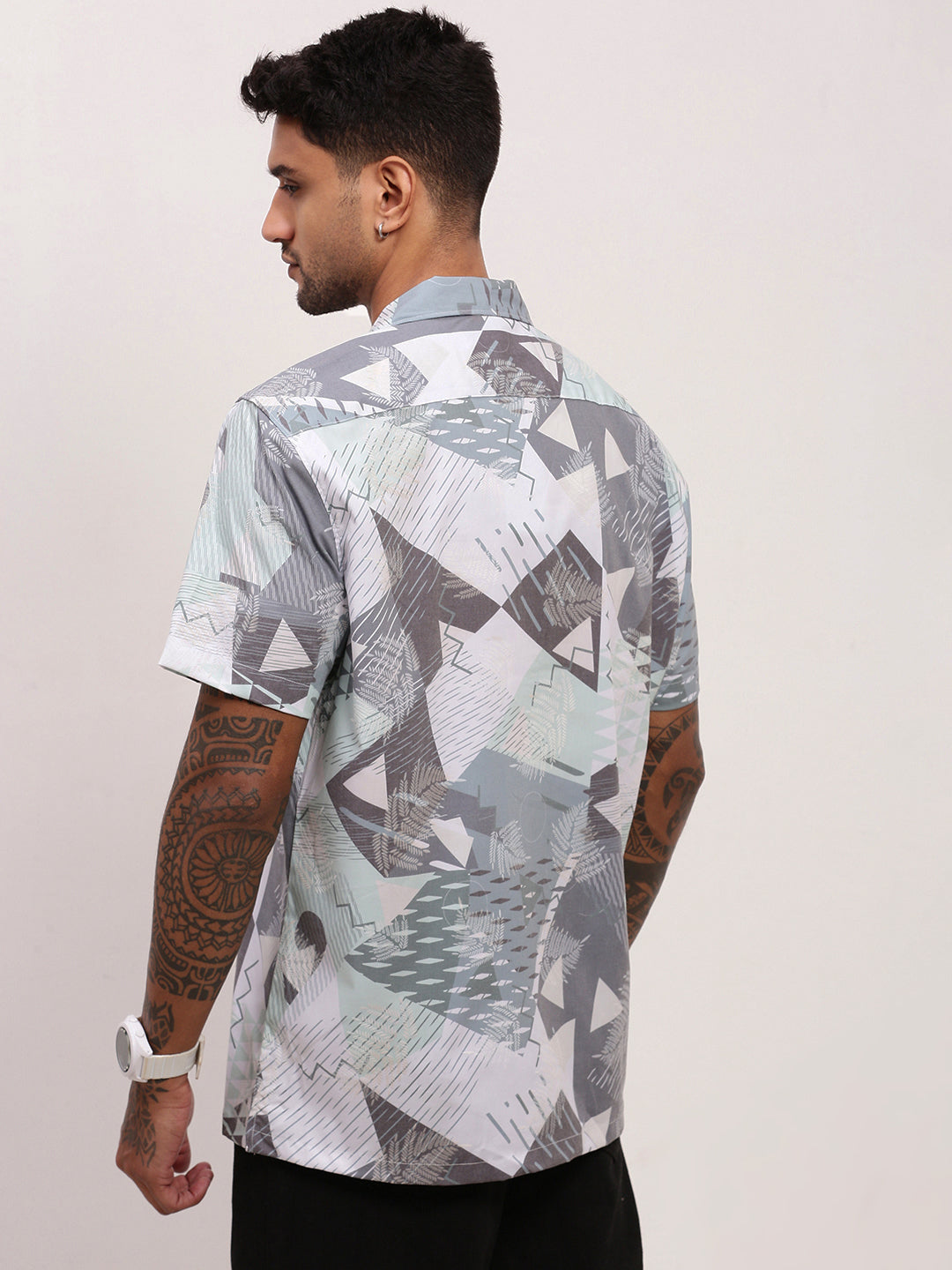 Men Grey Abstract Cuban Collar Shirt