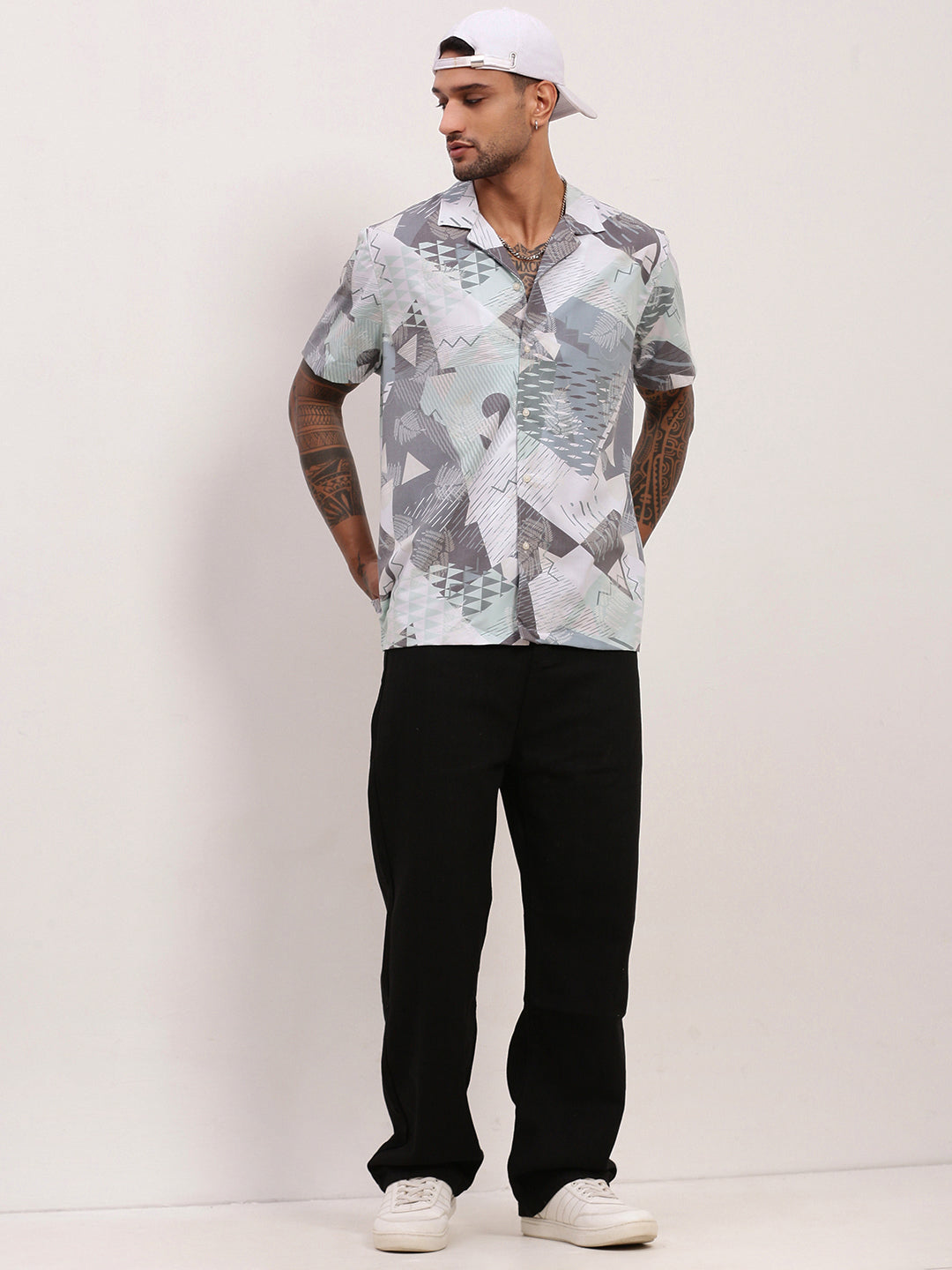 Men Grey Abstract Cuban Collar Shirt