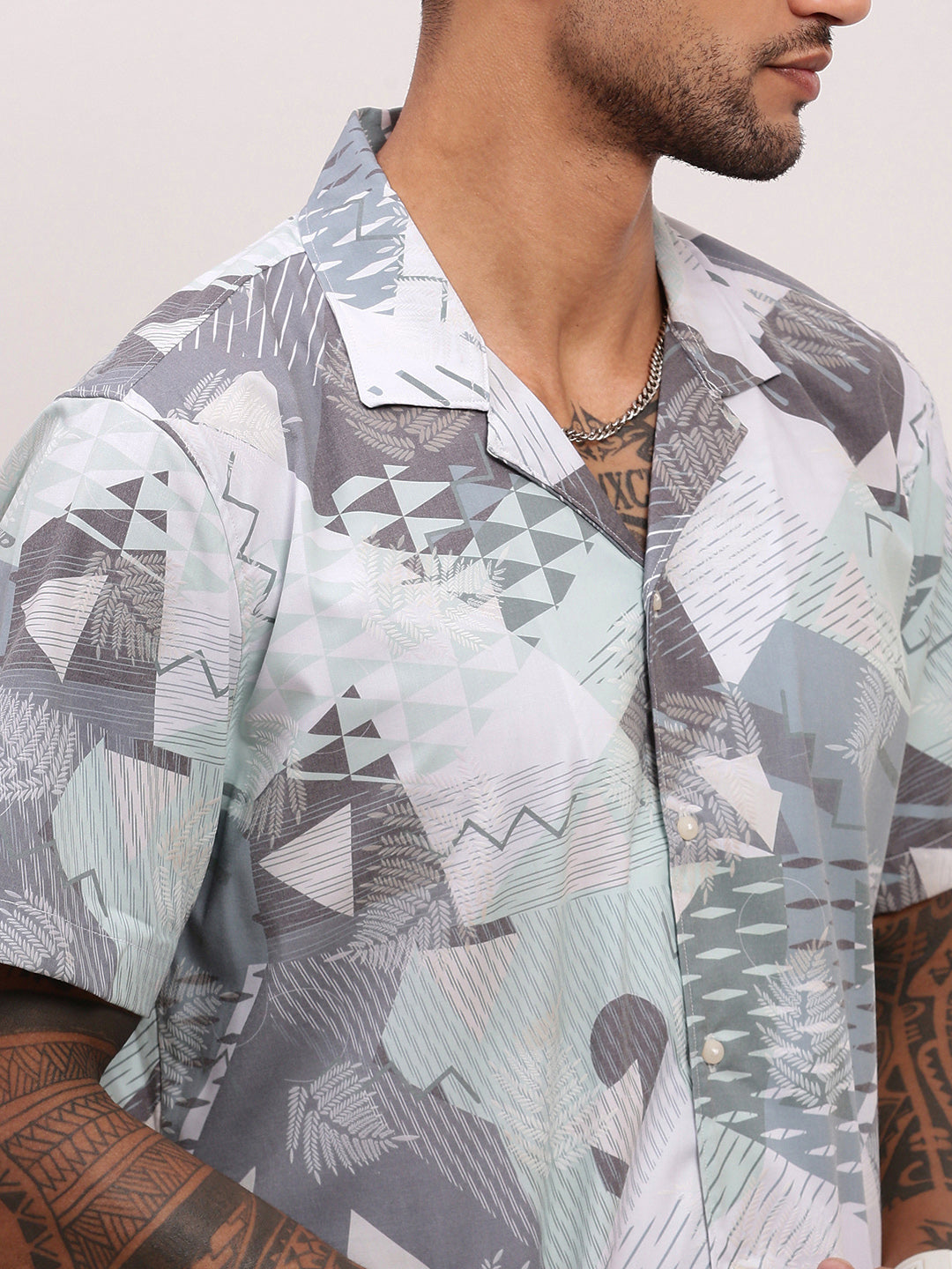 Men Grey Abstract Cuban Collar Shirt