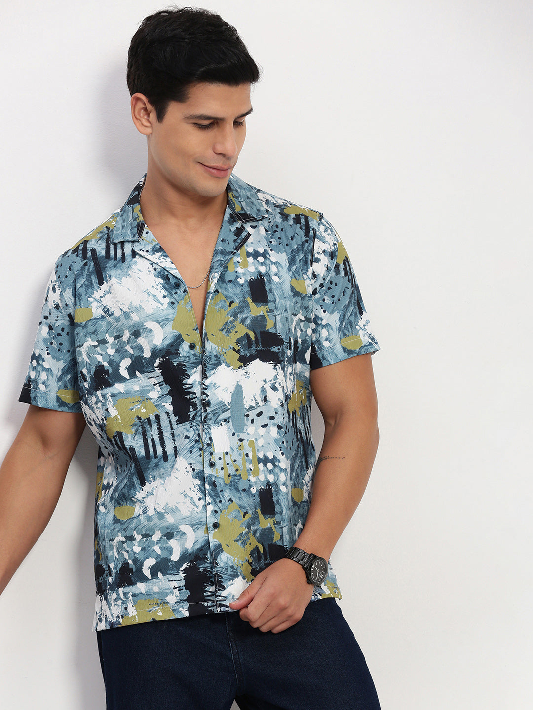 Men Blue Abstract Cuban Collar Shirt