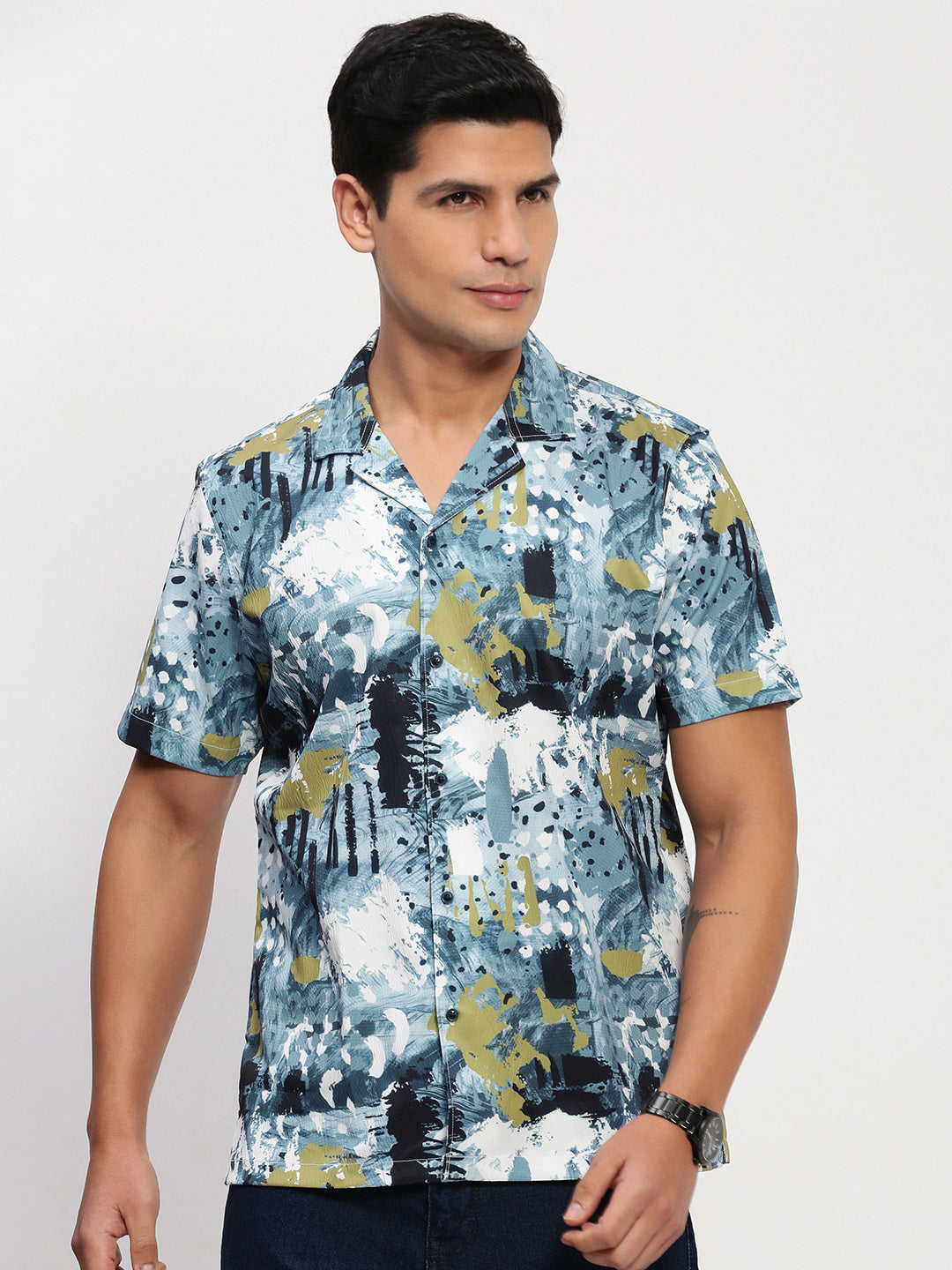 Men Blue Abstract Cuban Collar Shirt