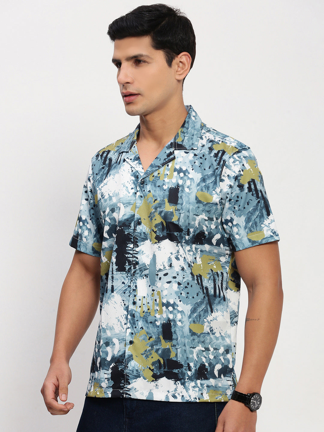 Men Blue Abstract Cuban Collar Shirt