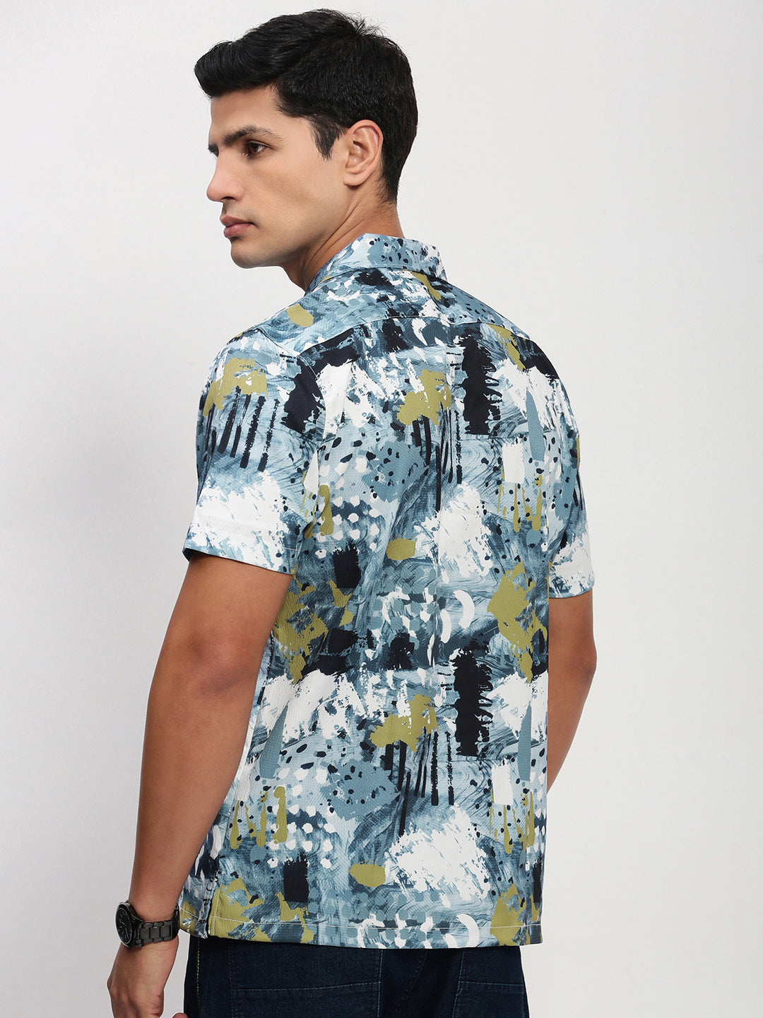 Men Blue Abstract Cuban Collar Shirt