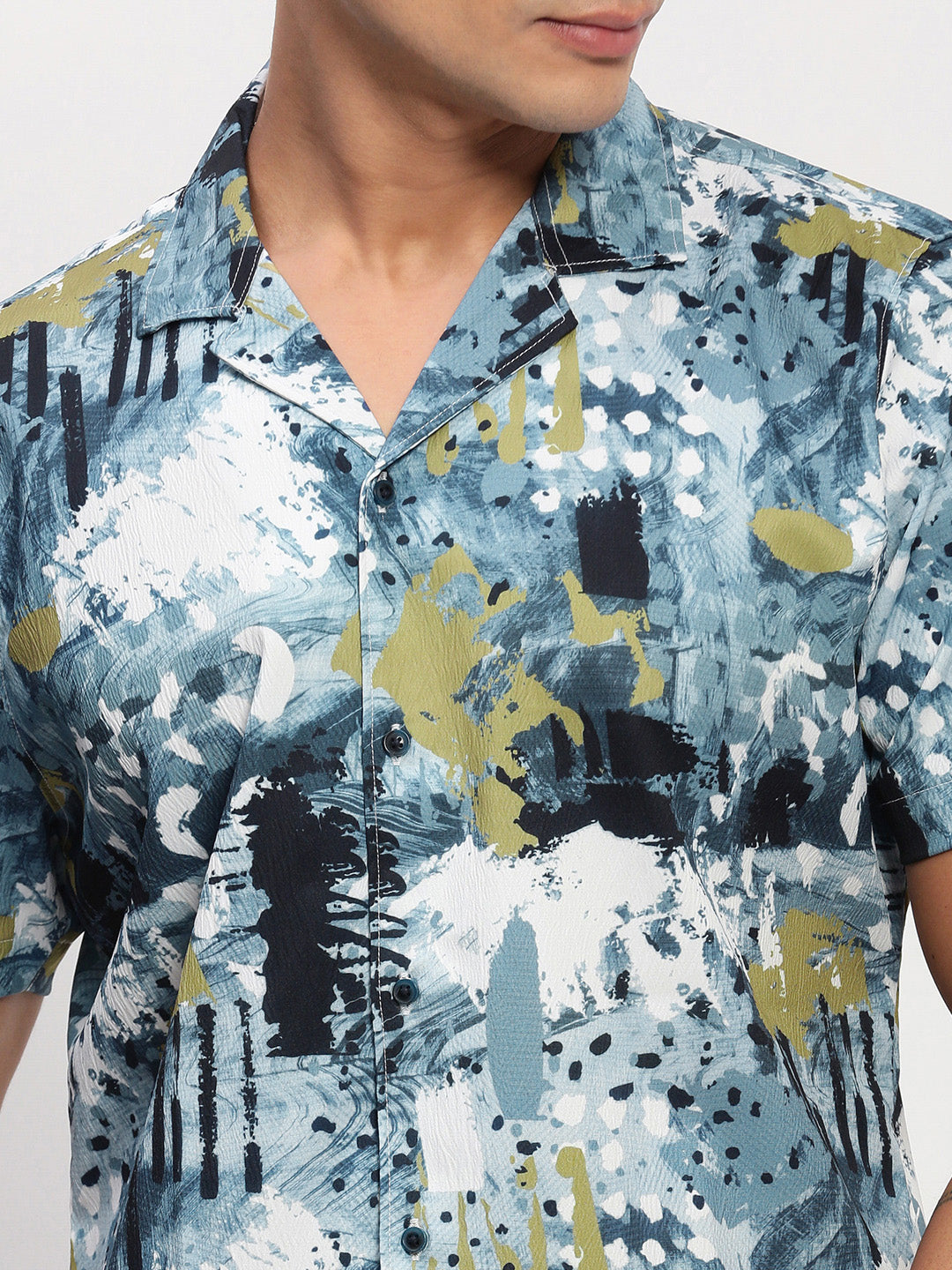 Men Blue Abstract Cuban Collar Shirt