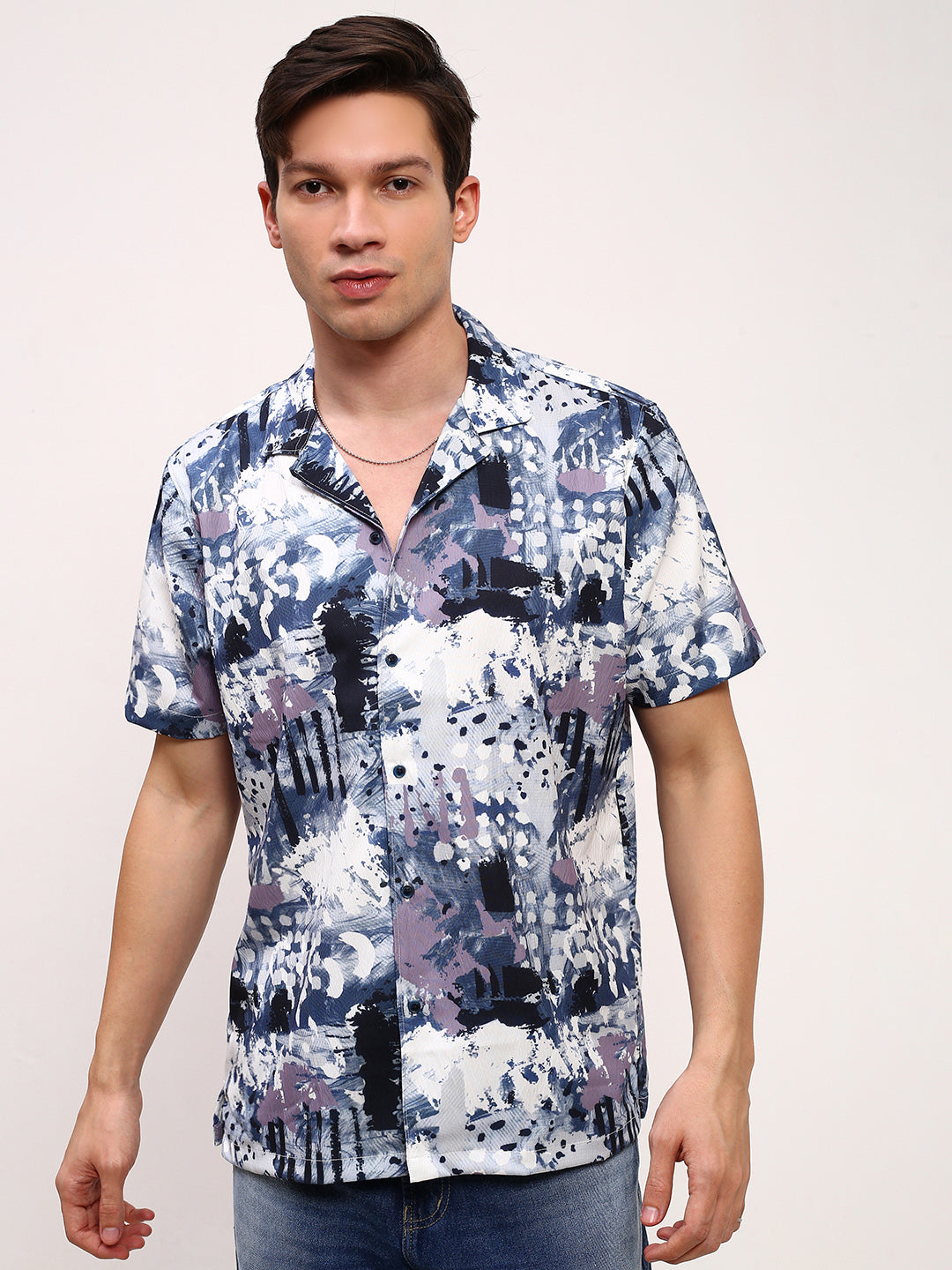 Men Blue Abstract Cuban Collar Shirt