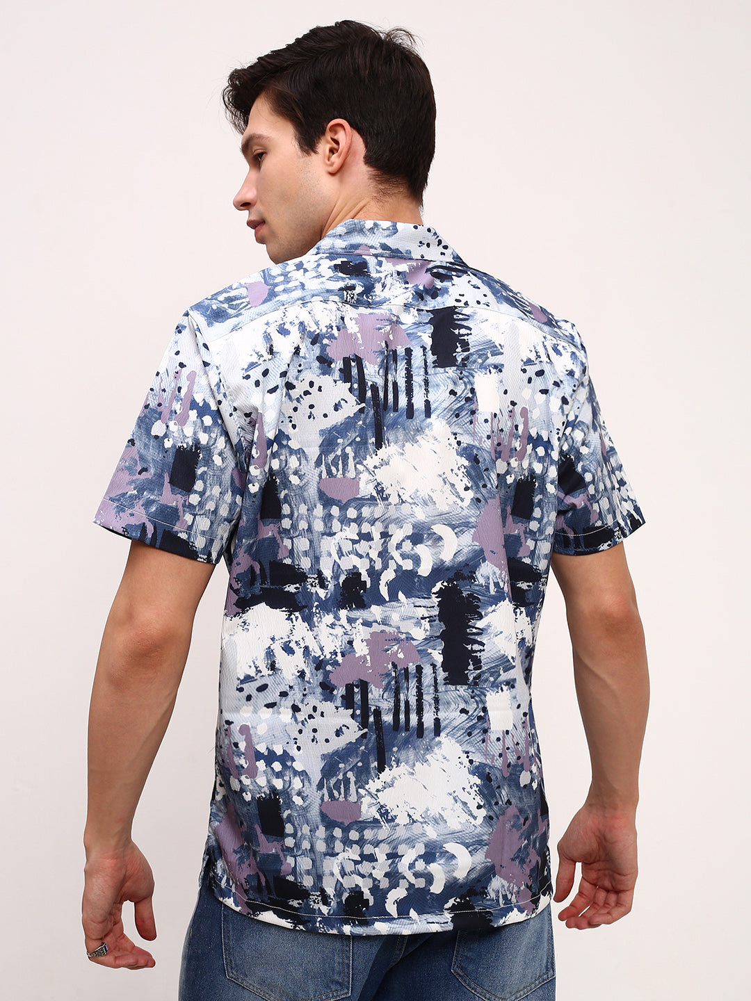 Men Blue Abstract Cuban Collar Shirt