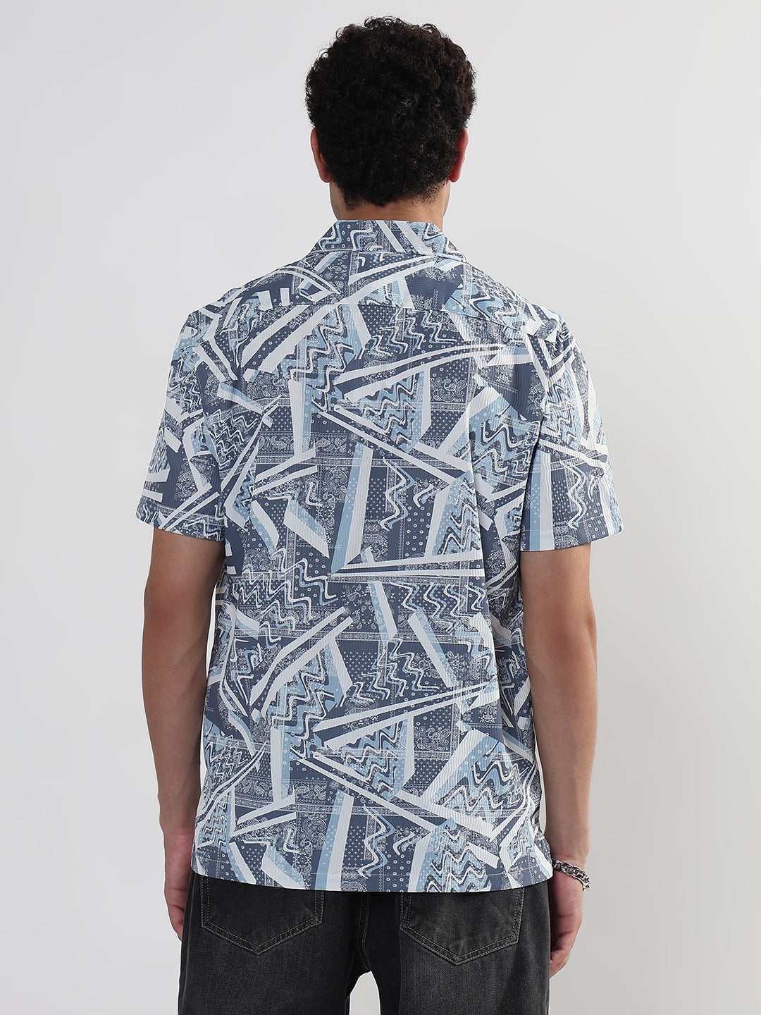 Men's Abstract Grey Cuban Collar Relaxed Fit Shirt