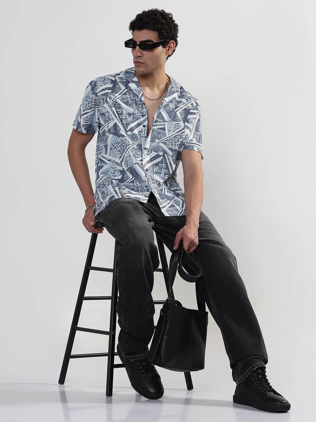 Men's Abstract Grey Cuban Collar Relaxed Fit Shirt