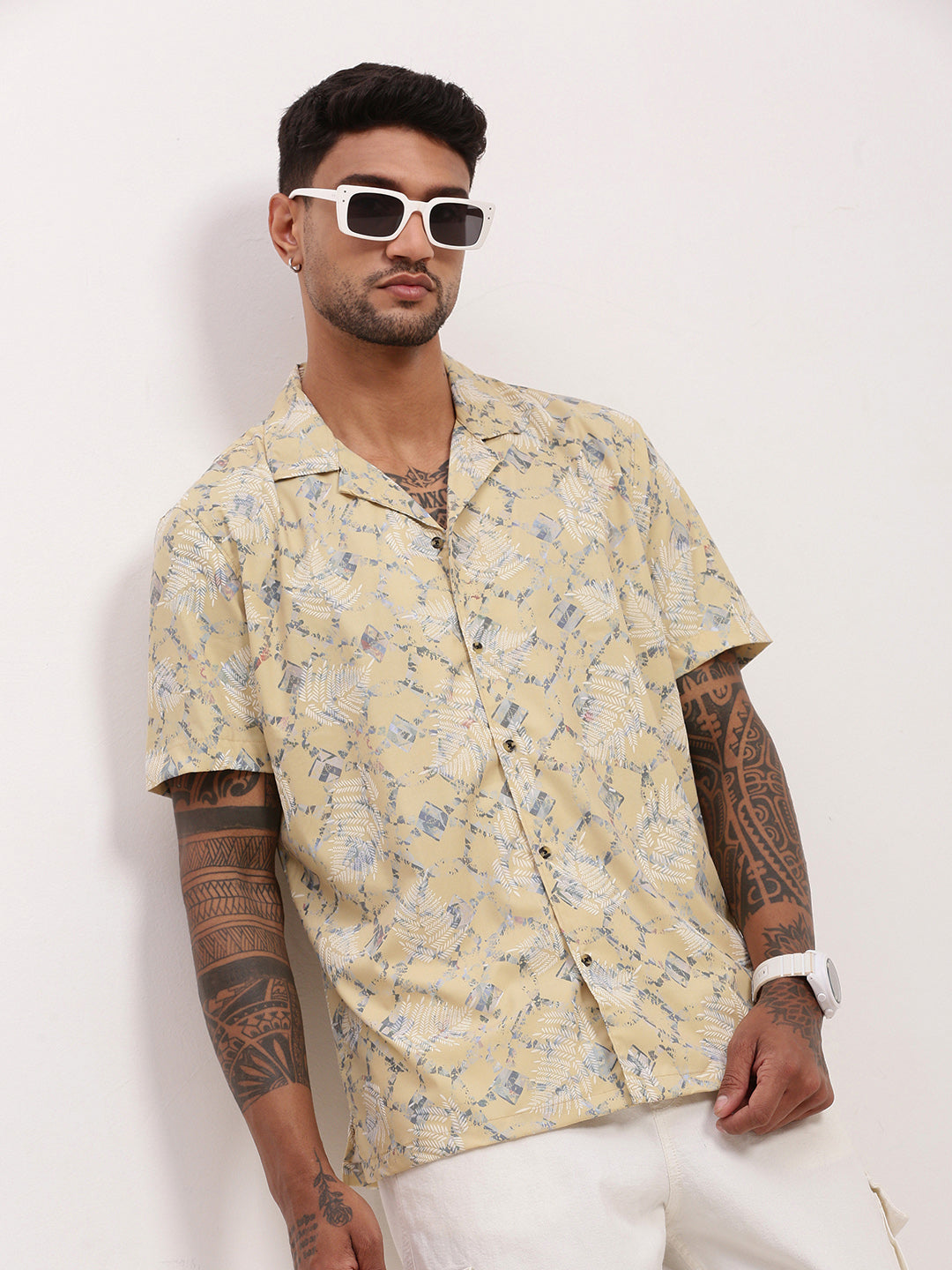 Men Yellow Abstract Cuban Collar Shirt