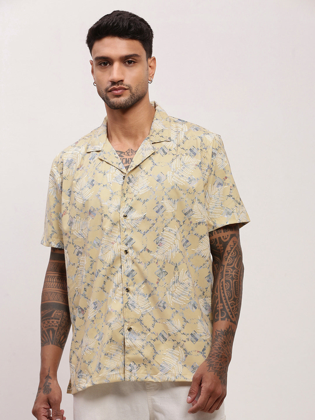 Men Yellow Abstract Cuban Collar Shirt