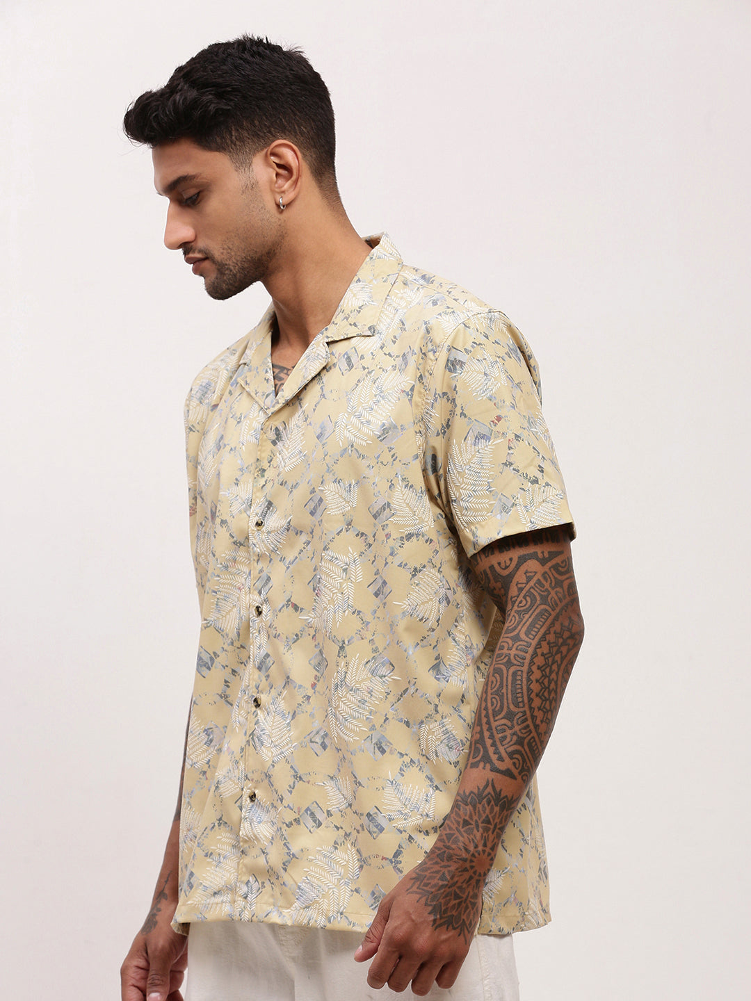 Men Yellow Abstract Cuban Collar Shirt