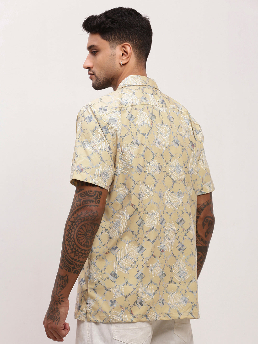 Men Yellow Abstract Cuban Collar Shirt