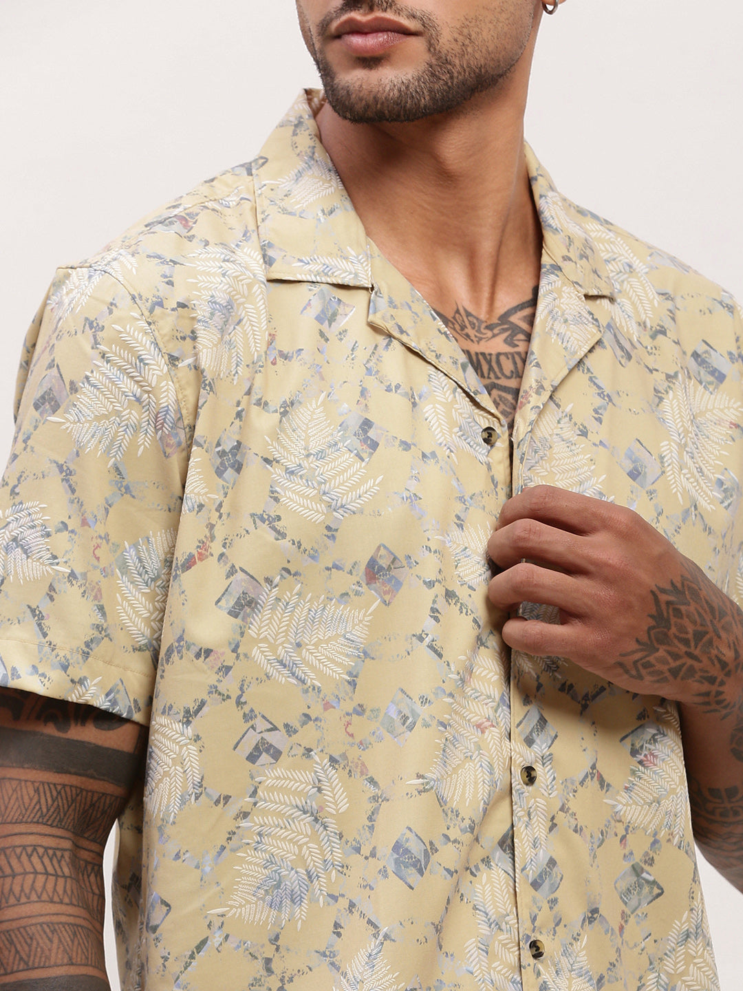 Men Yellow Abstract Cuban Collar Shirt