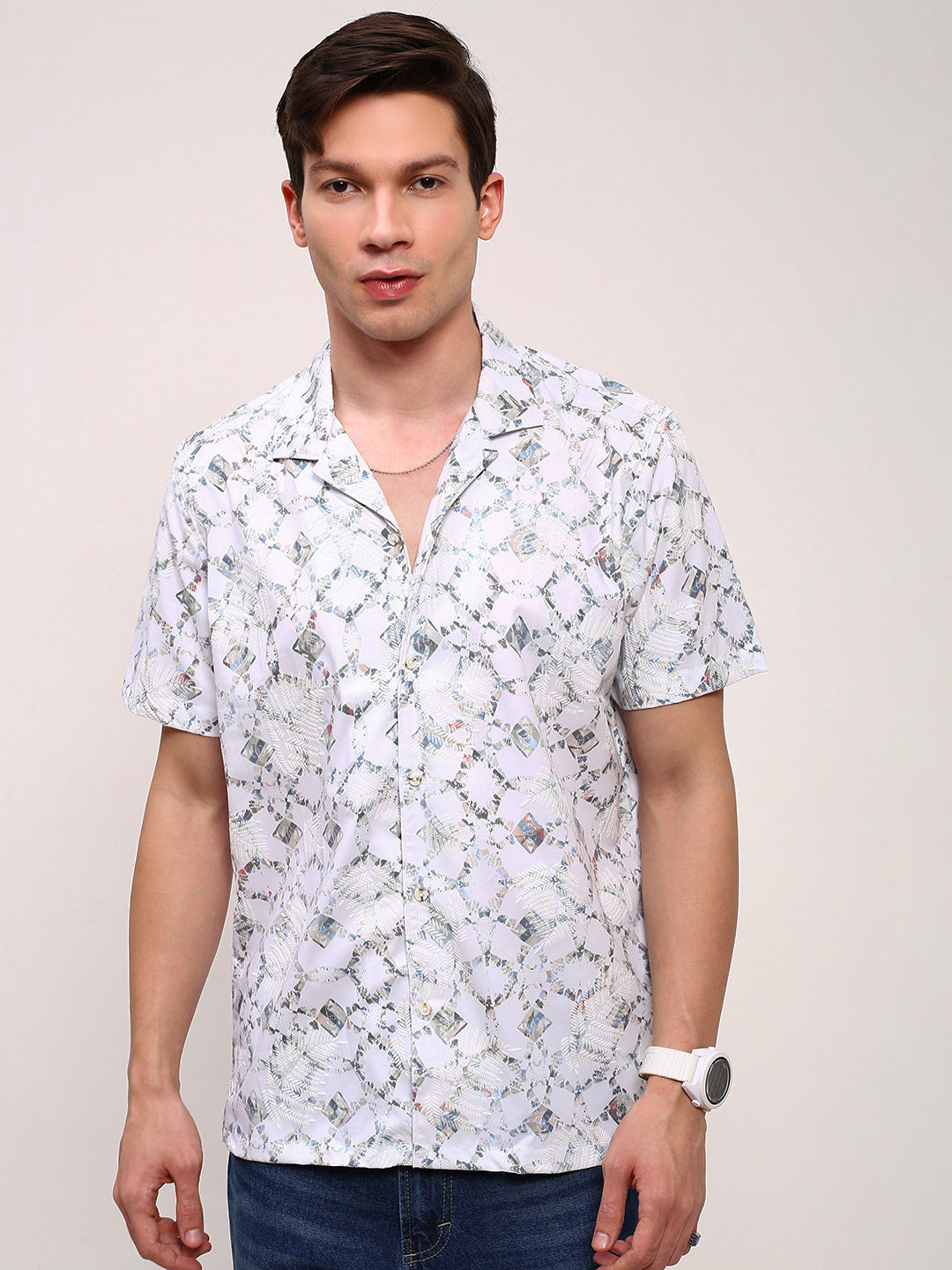 Men White Abstract Cuban Collar Shirt