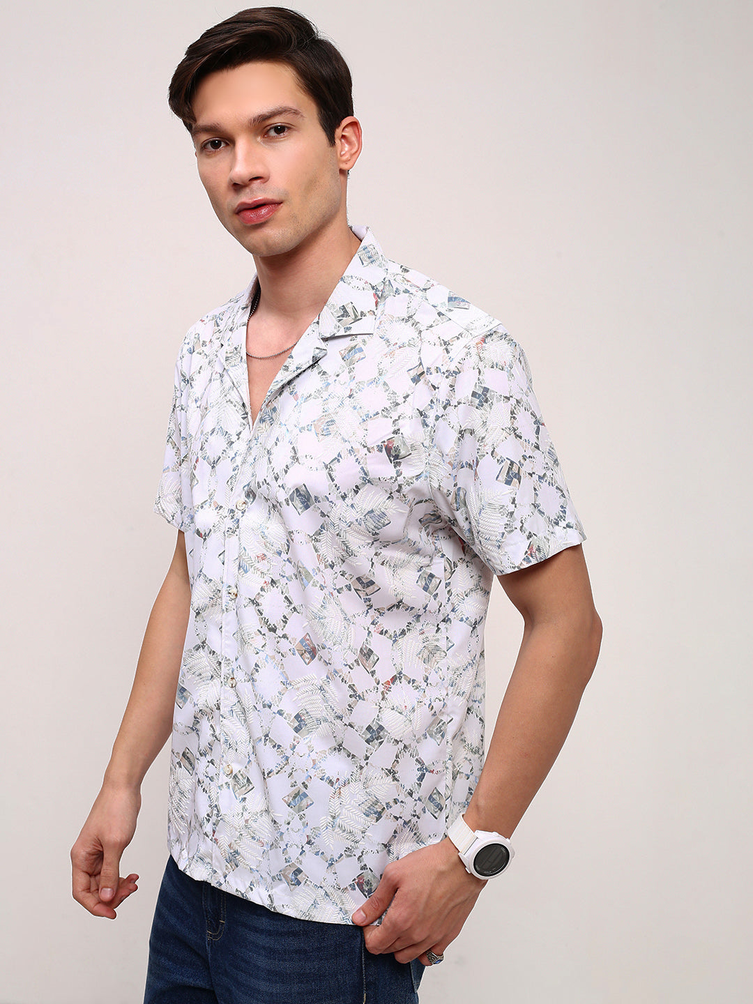 Men White Abstract Cuban Collar Shirt