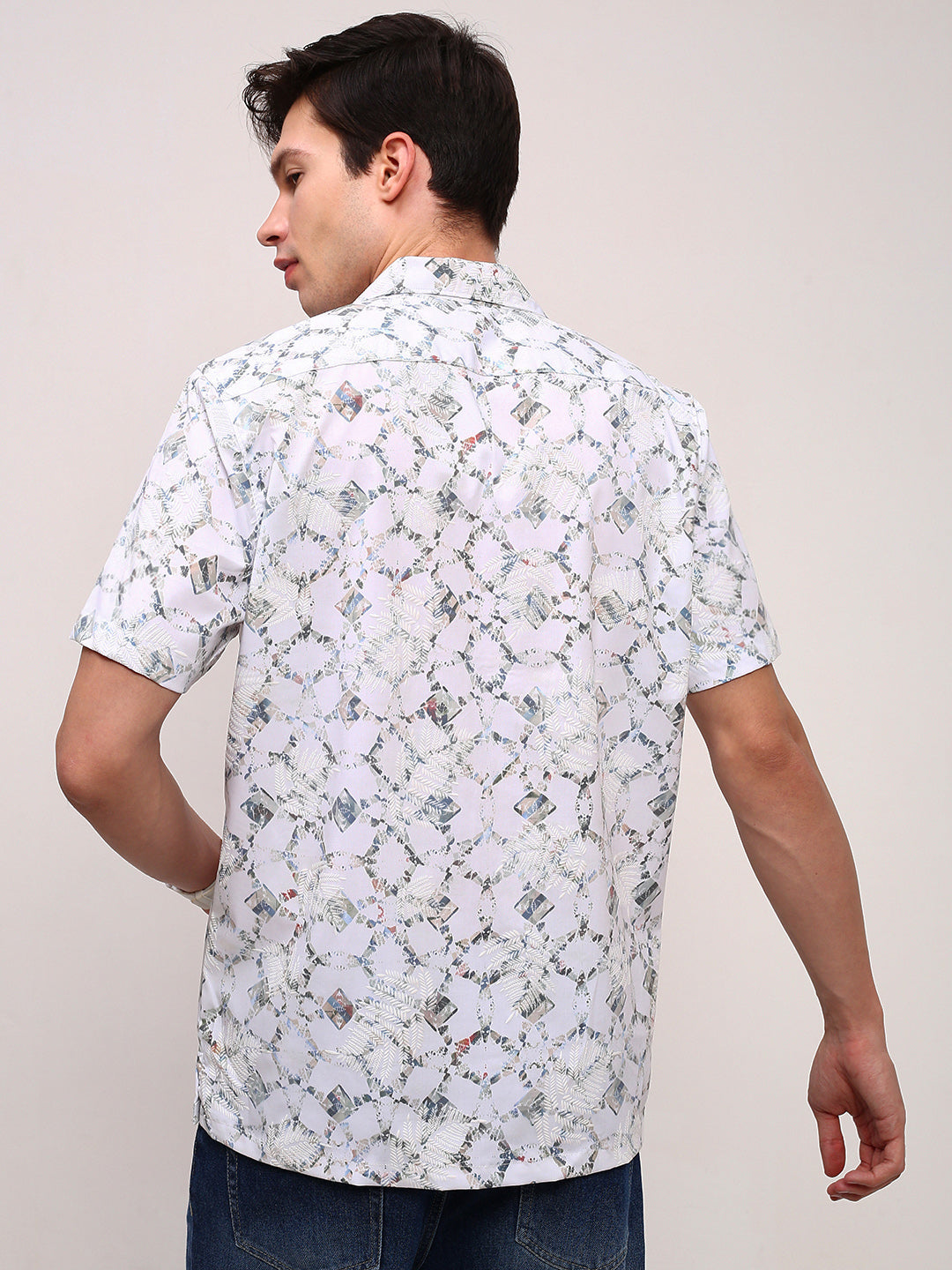 Men White Abstract Cuban Collar Shirt