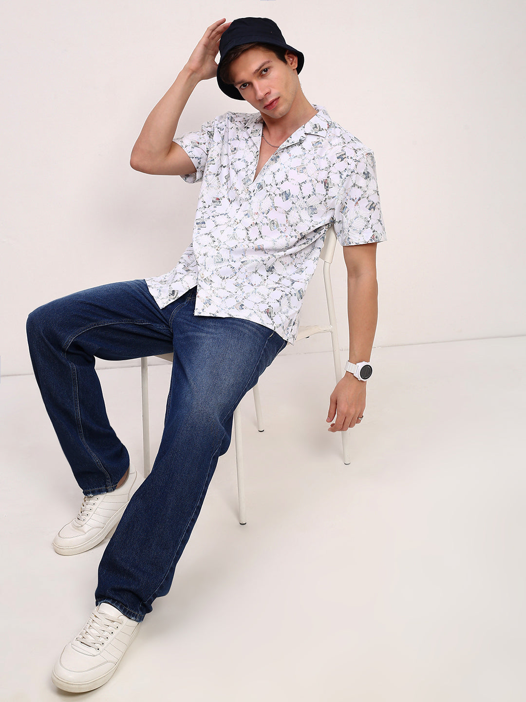 Men White Abstract Cuban Collar Shirt