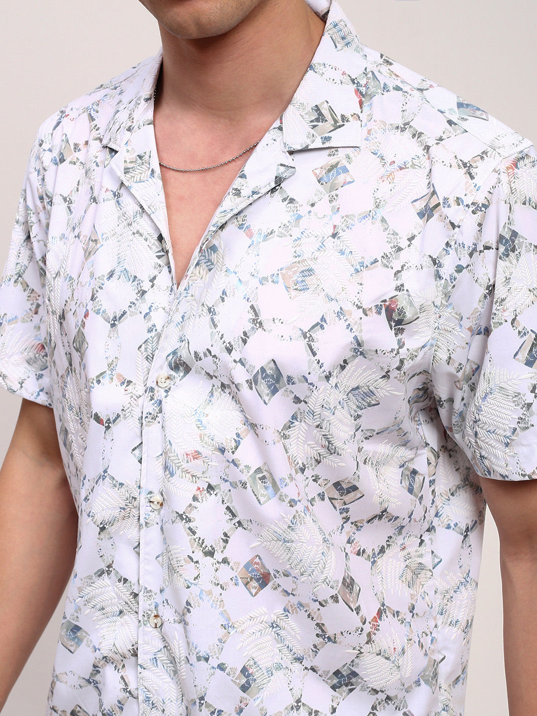 Men White Abstract Cuban Collar Shirt