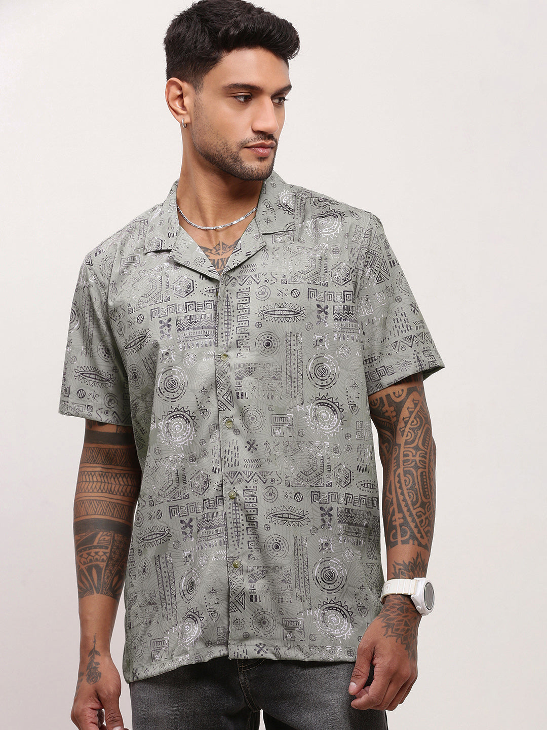 Men Green Geometric Cuban Collar Shirt