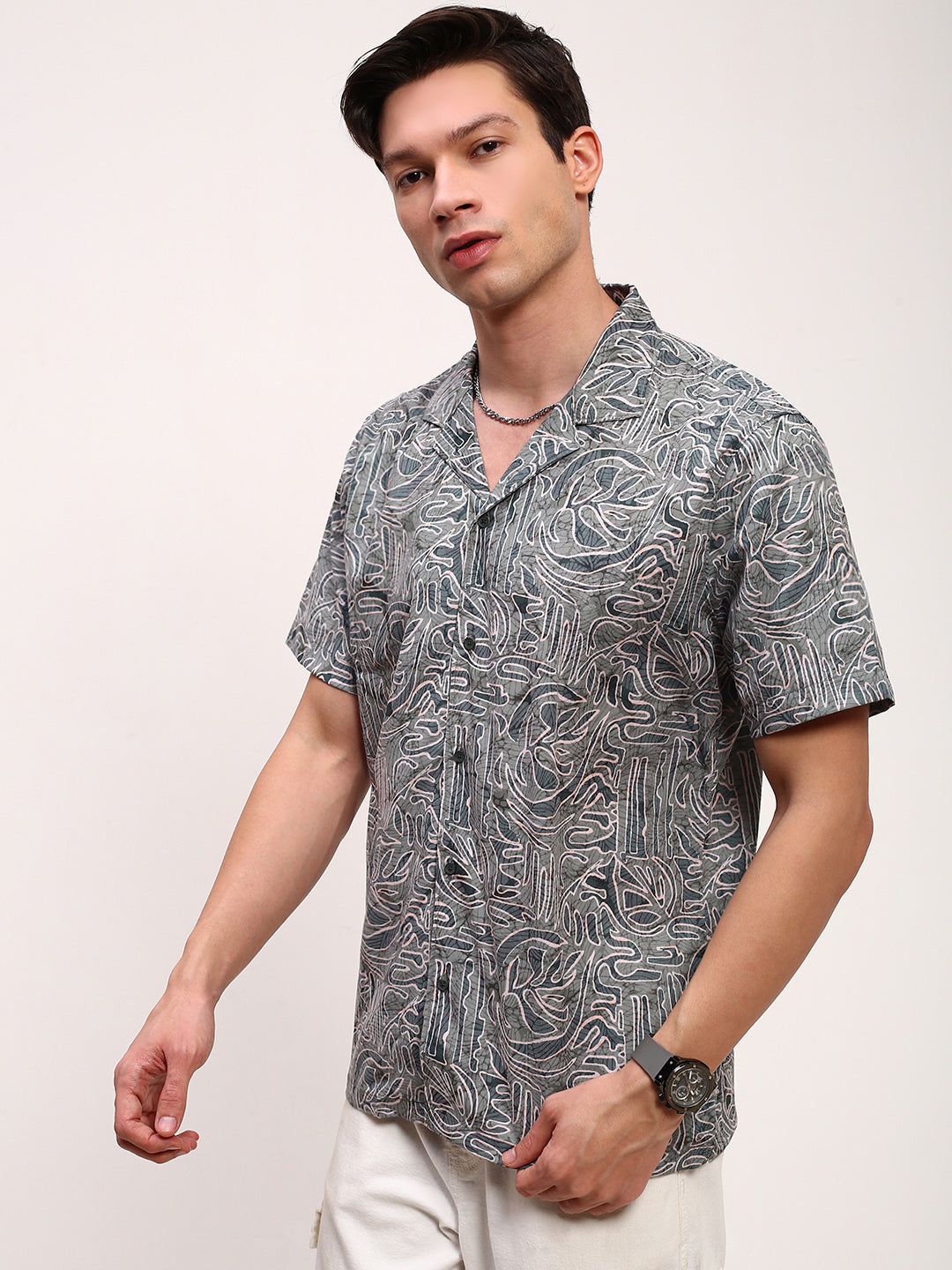 Men Green Floral Cuban Collar Shirt