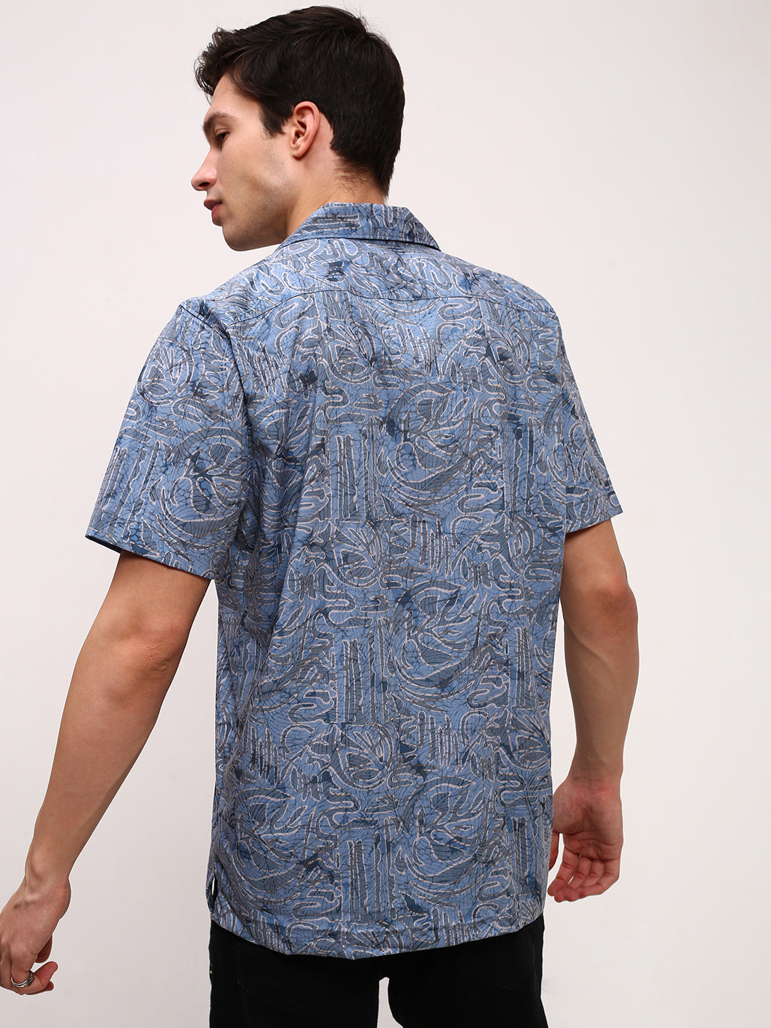 Men Blue Floral Cuban Collar Shirt