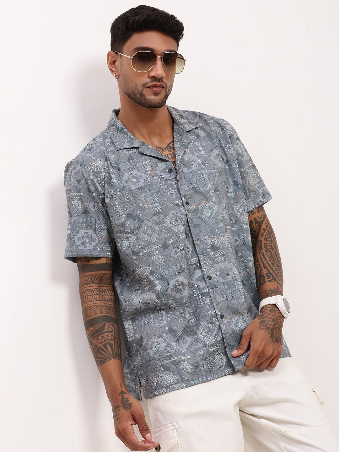 Men Grey Geometric Cuban Collar Shirt