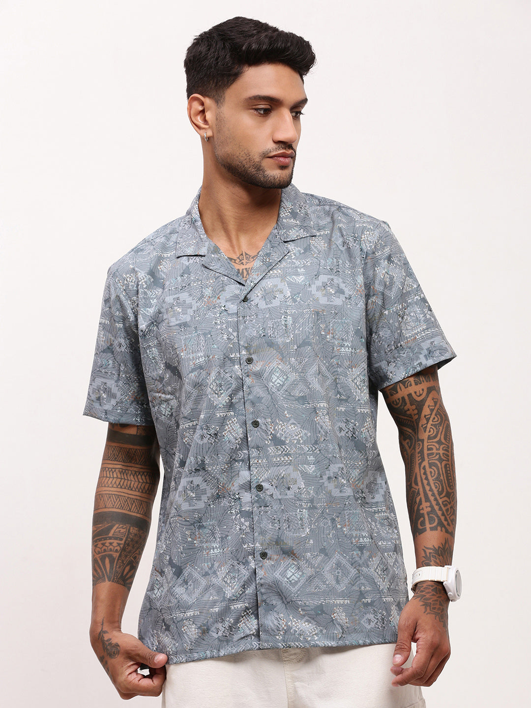 Men Grey Geometric Cuban Collar Shirt