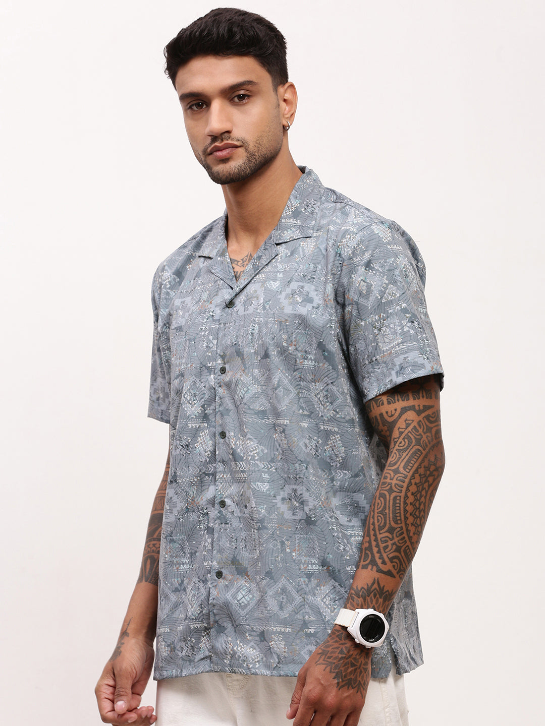 Men Grey Geometric Cuban Collar Shirt