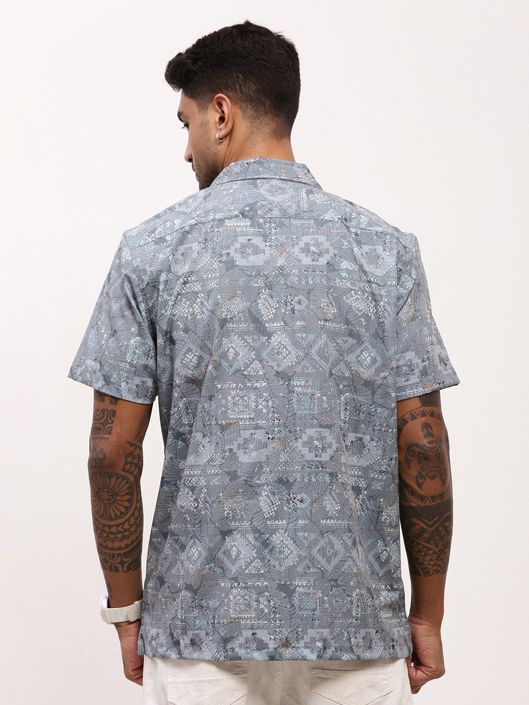 Men Grey Geometric Cuban Collar Shirt